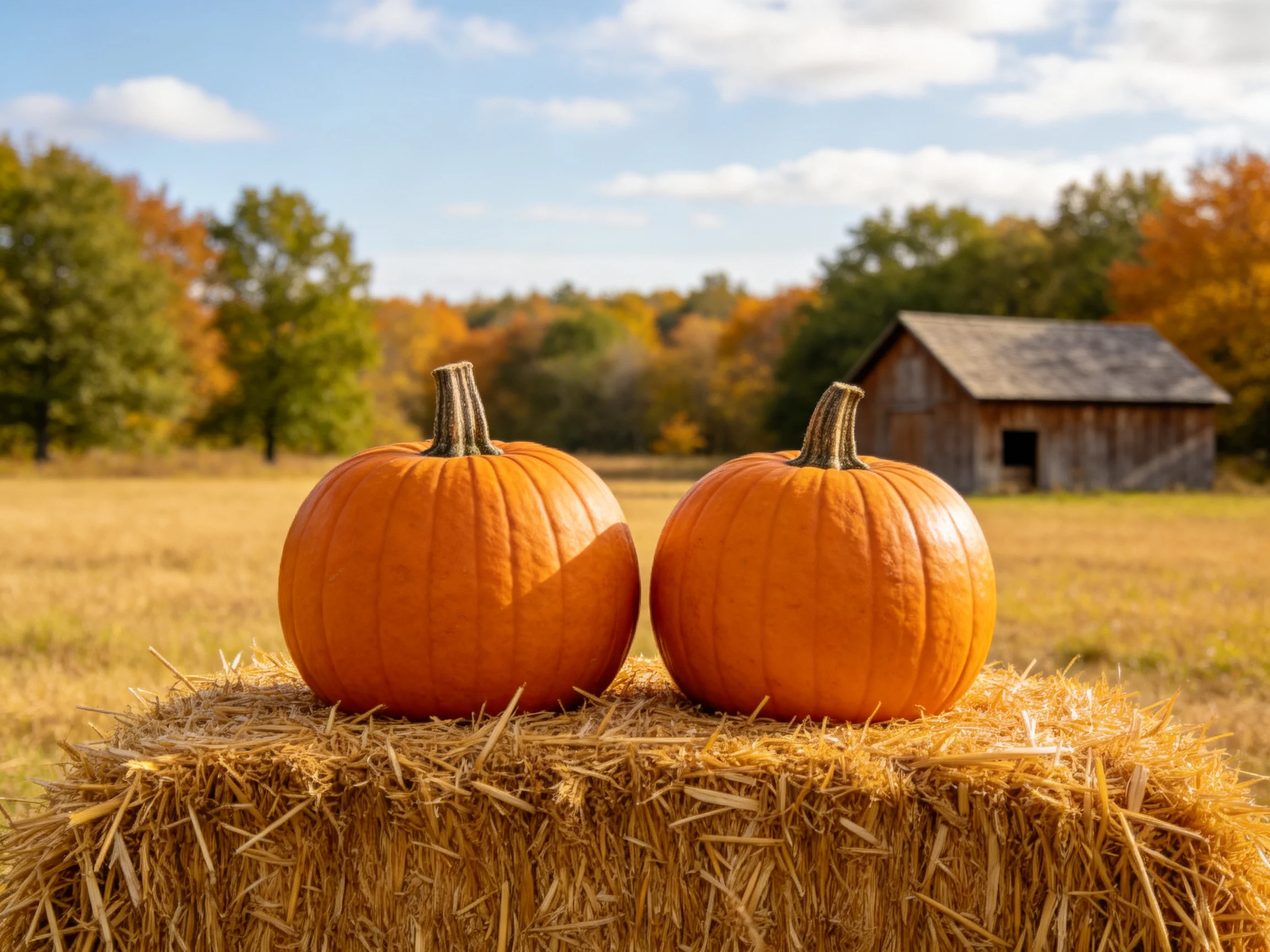 Two vibrant orange pumpkins sit on a straw bale next to a weathered barn in a fall landscape