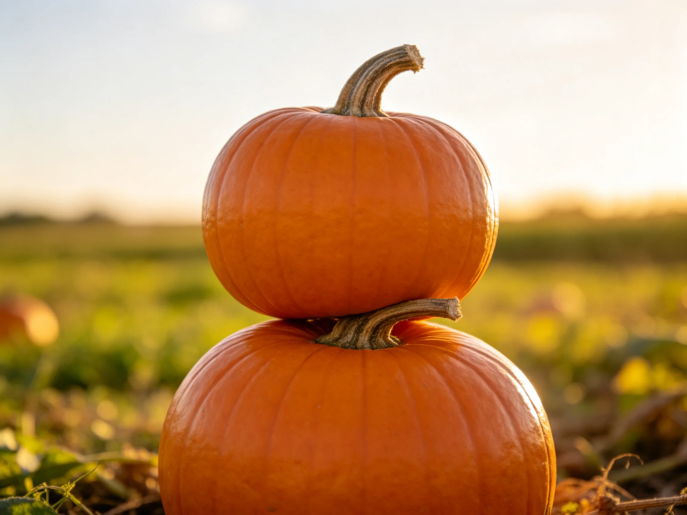 Two vibrant orange pumpkins stacked in an outdoor pumpkin patch during golden hour