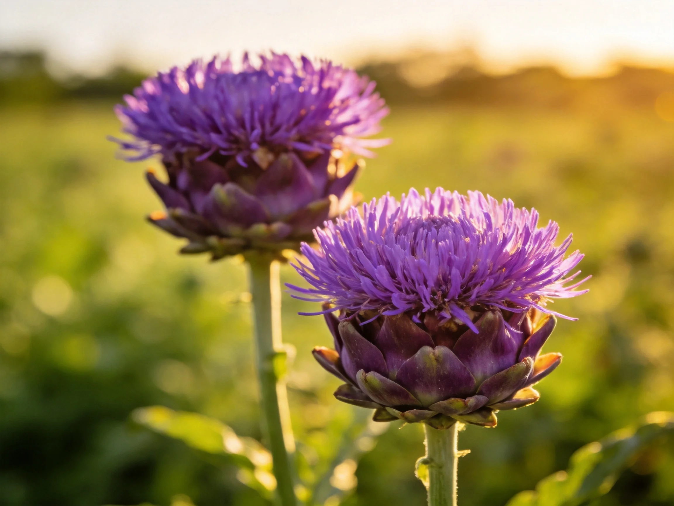 Two vibrant purple artichoke blooms illuminated by golden sunlight