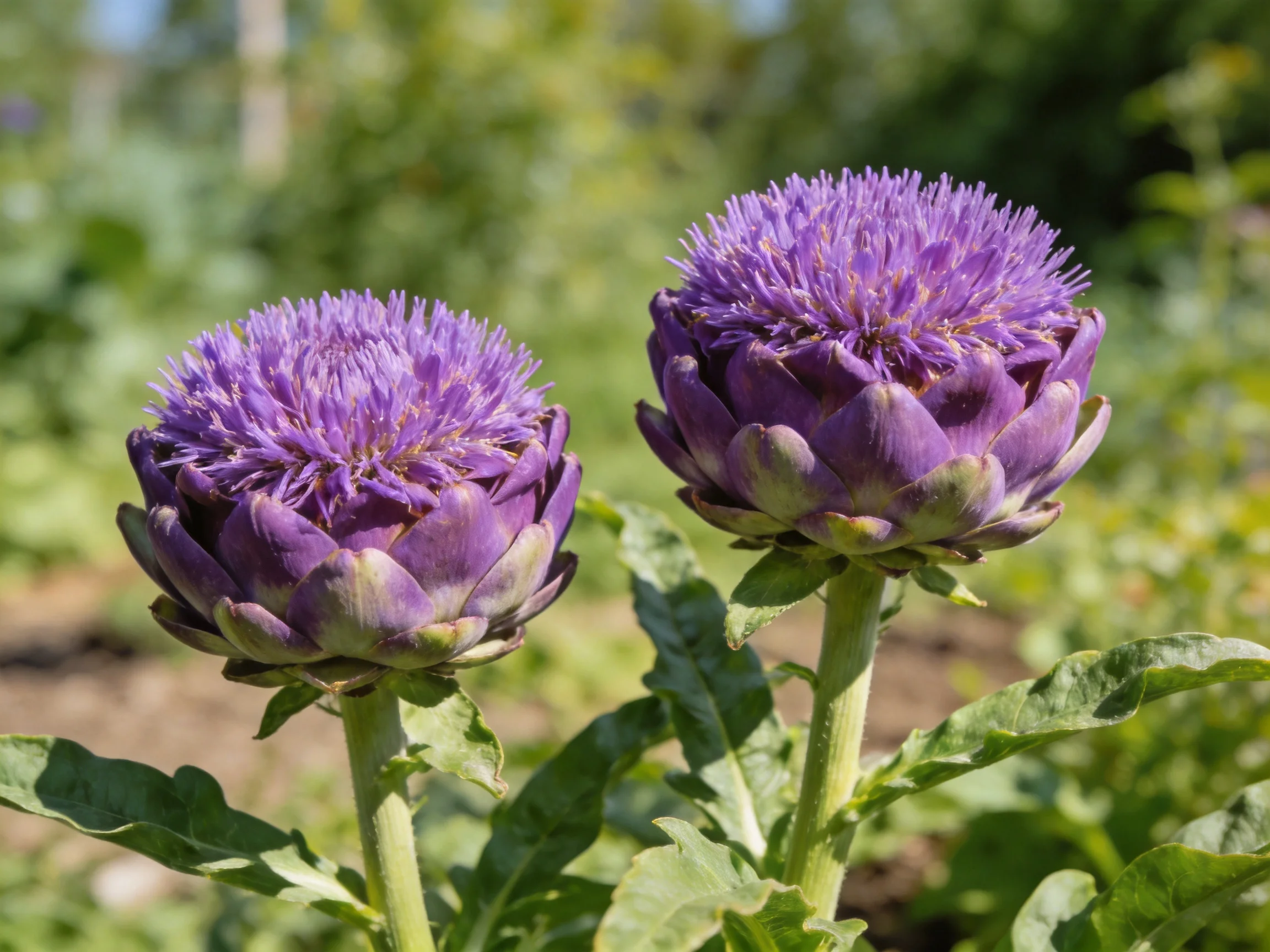 Two vibrant purple artichoke blooms in a lush garden