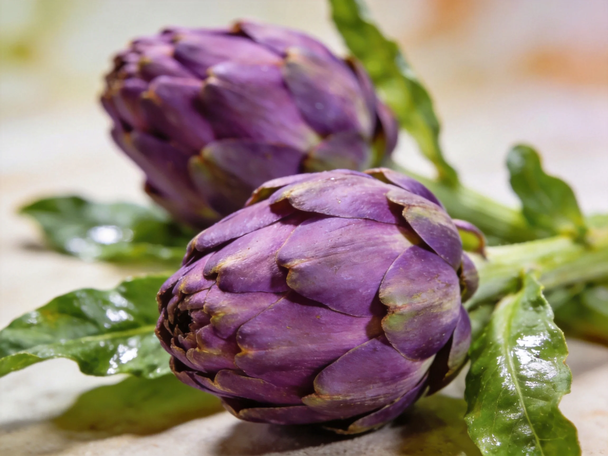 Two vibrant purple artichokes with fresh green leaves