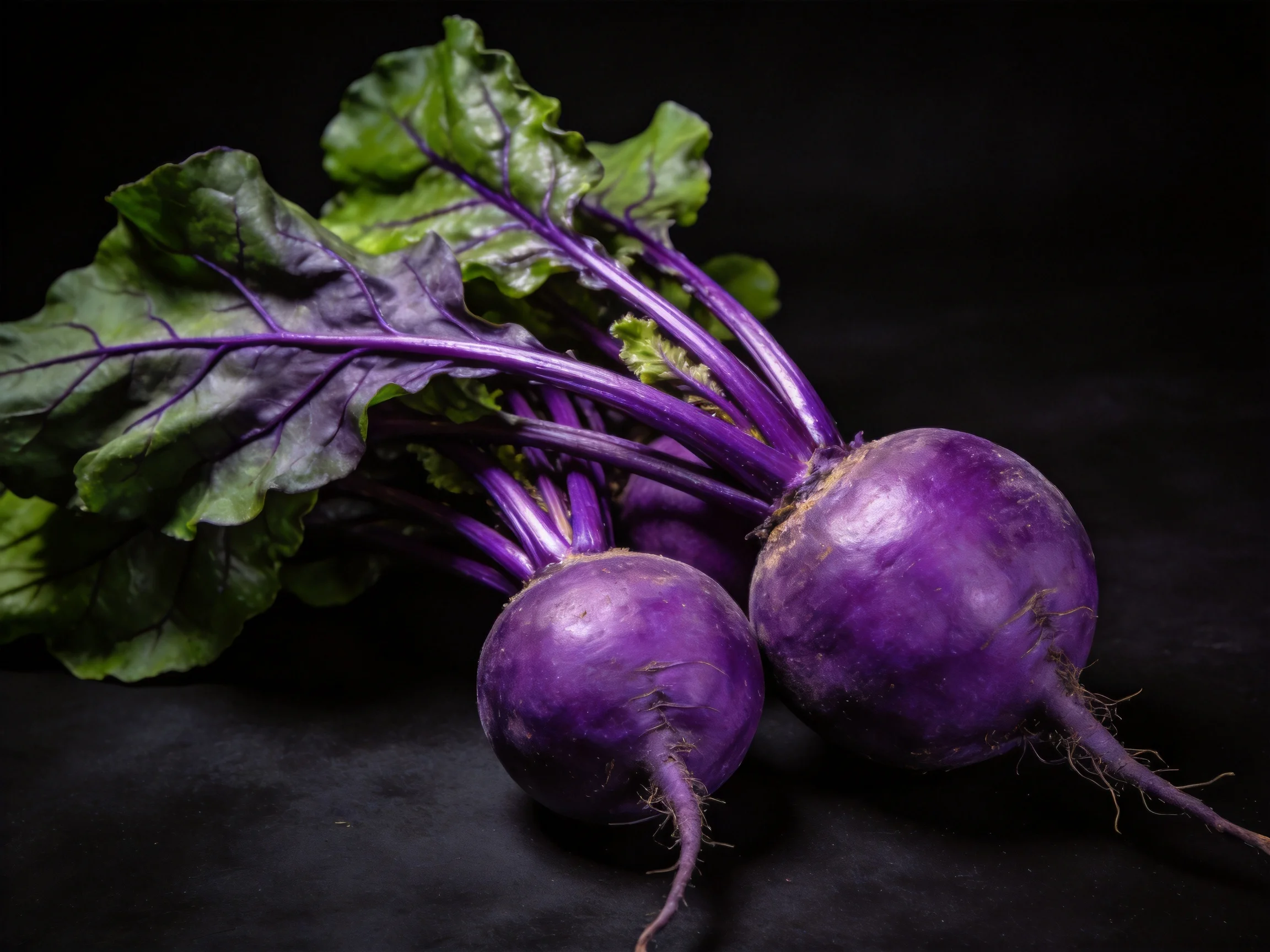 Two vibrant purple beetroots with lush green foliage on a dark surface