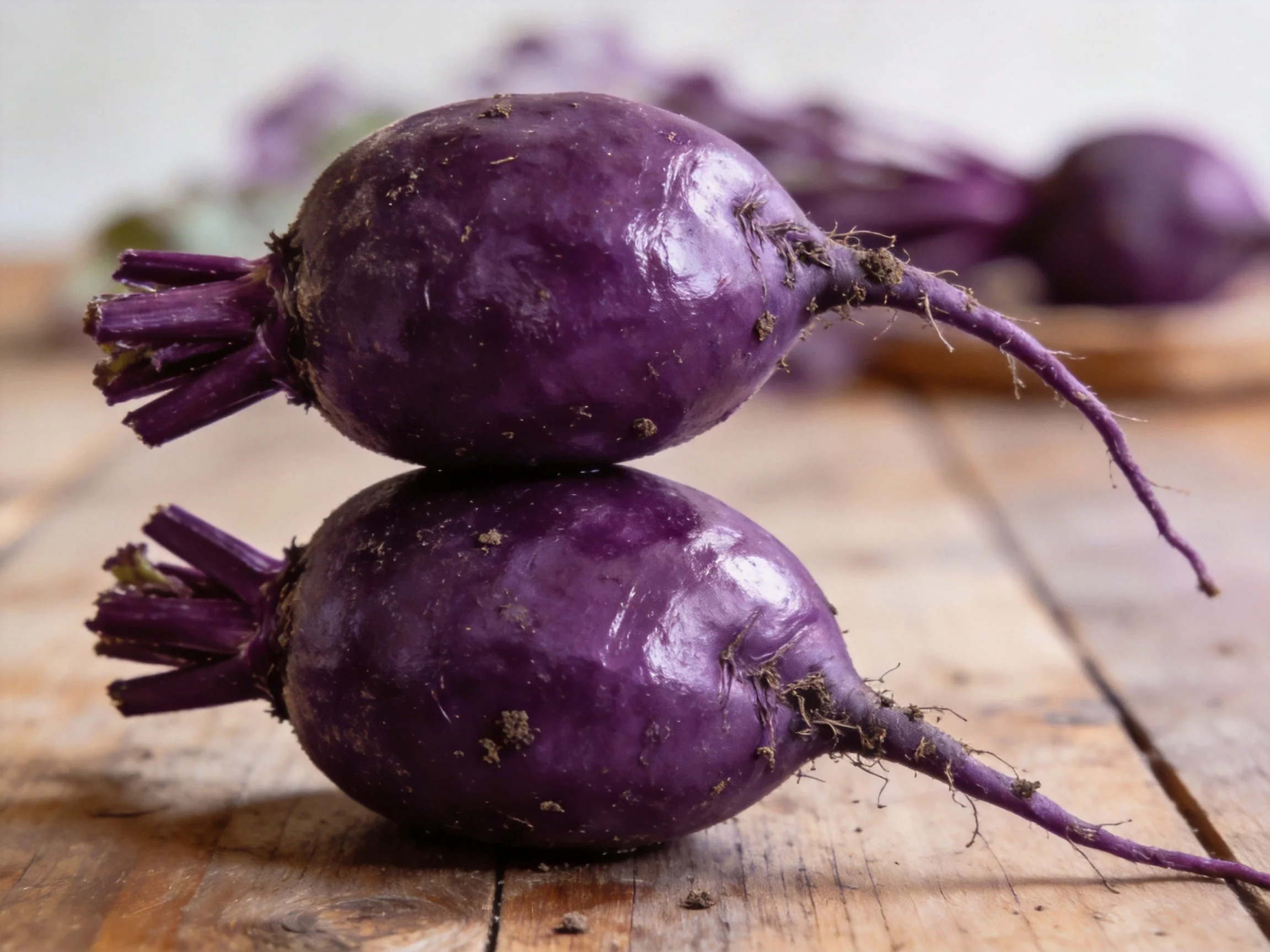 Two vibrant purple beets stacked on a rustic wooden table