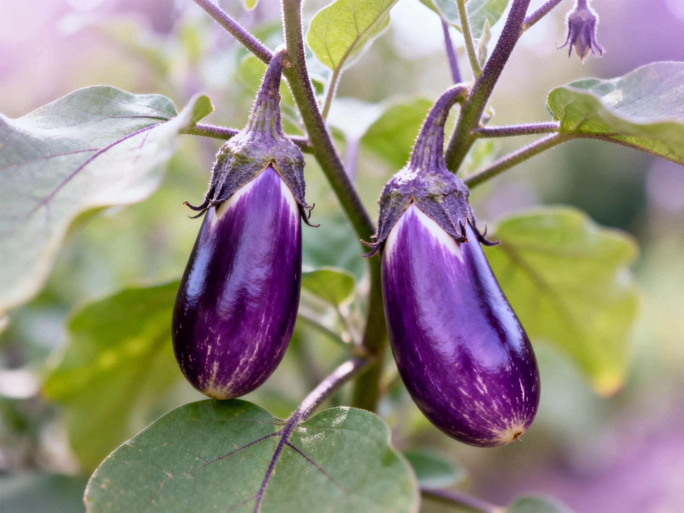 Two vibrant purple eggplants hang from a leafy plant