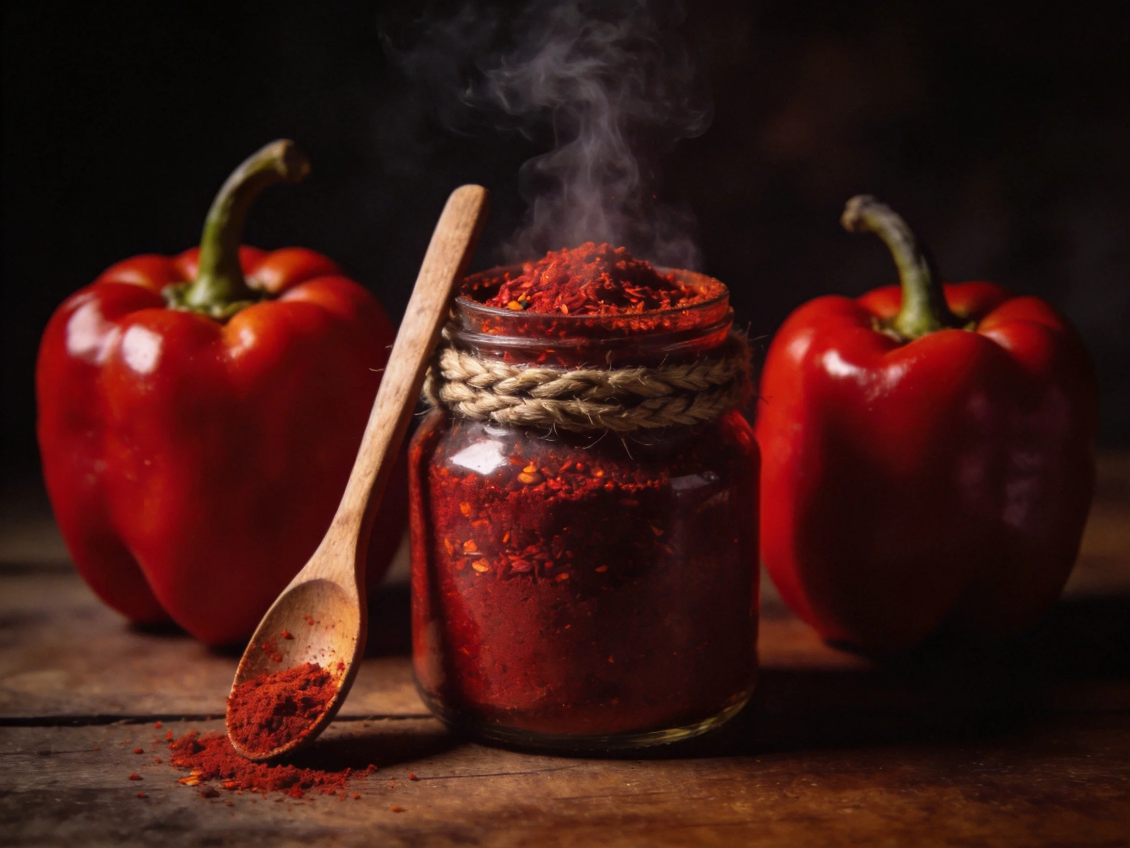 Two vibrant red bell peppers flanking a glass jar of red spice powder with a wooden spoon