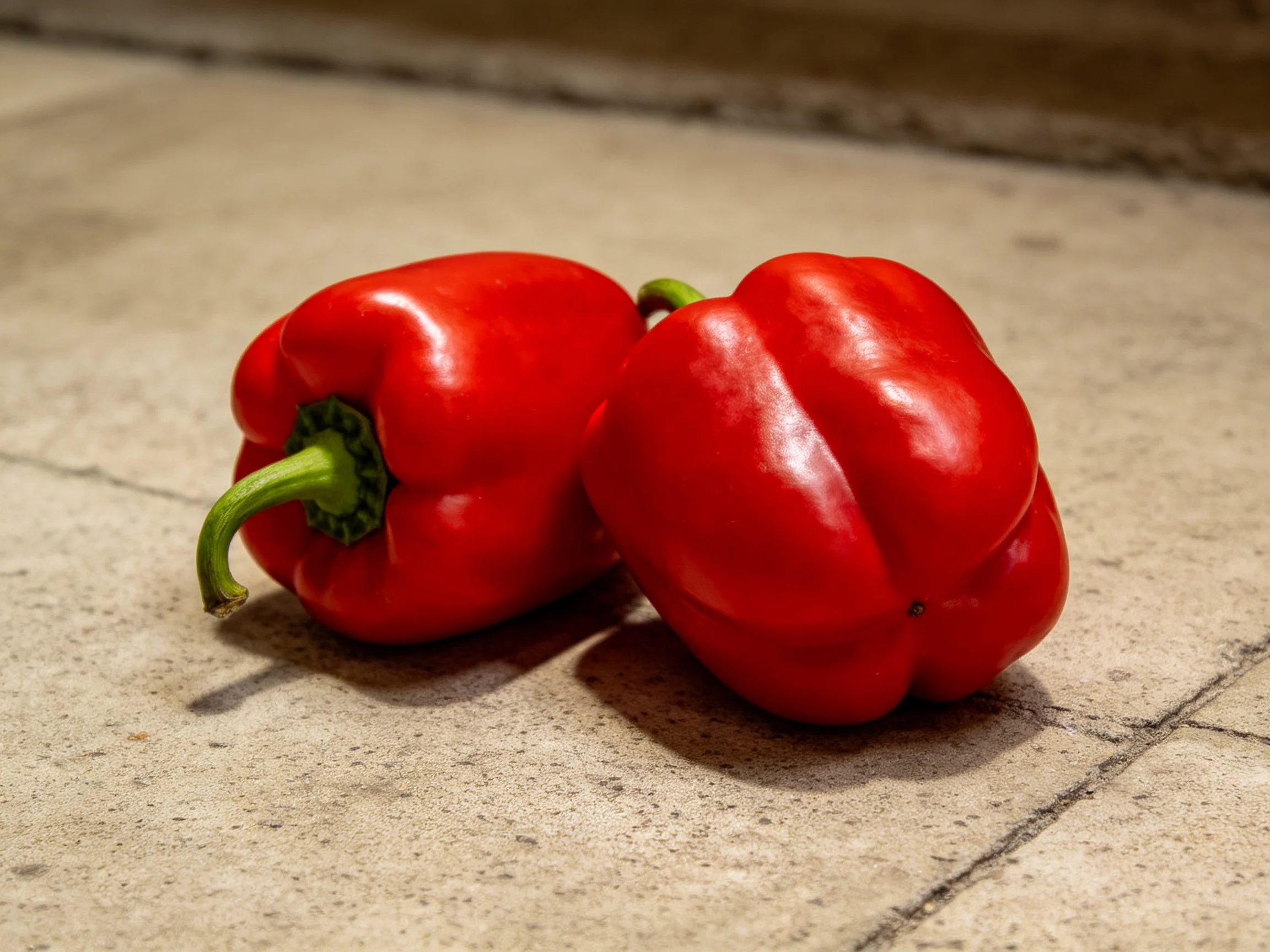 Two vibrant red bell peppers rest on a textured concrete surface