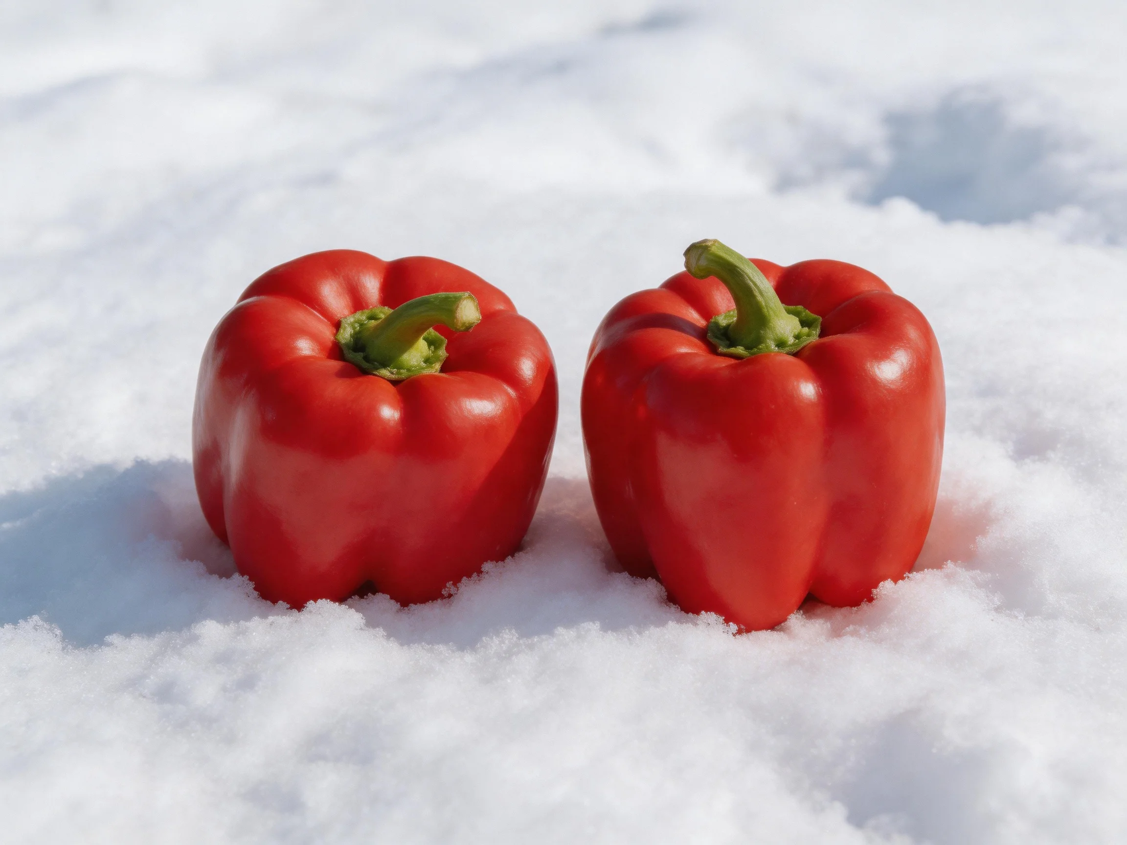 Two vibrant red bell peppers resting on bright white snow