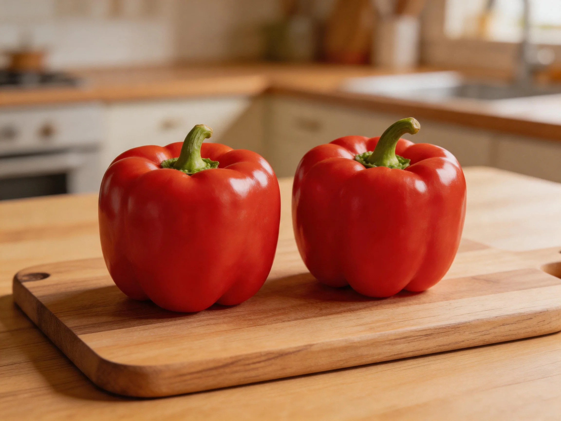 Two vibrant red bell peppers sit atop a wooden cutting board in a home kitchen.