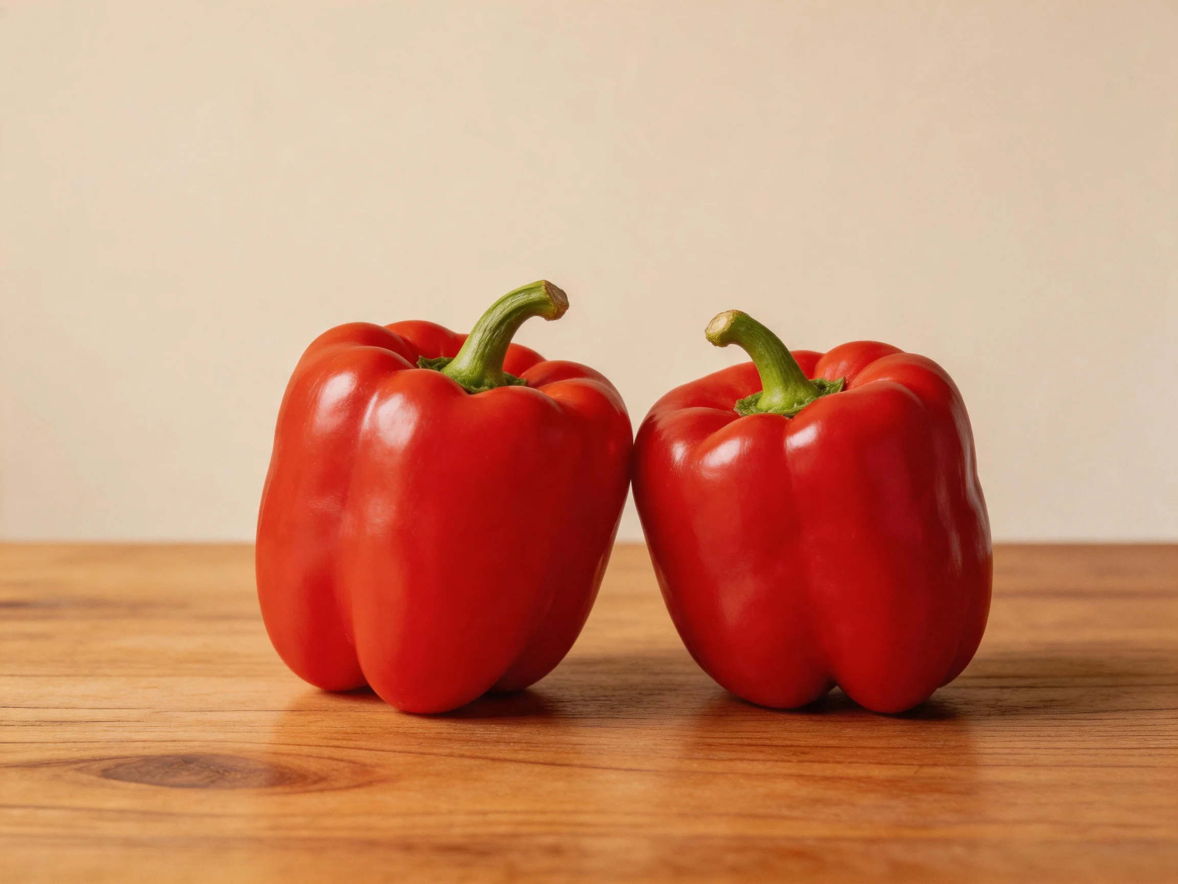 Two vibrant red bell peppers sit closely together on a wooden surface
