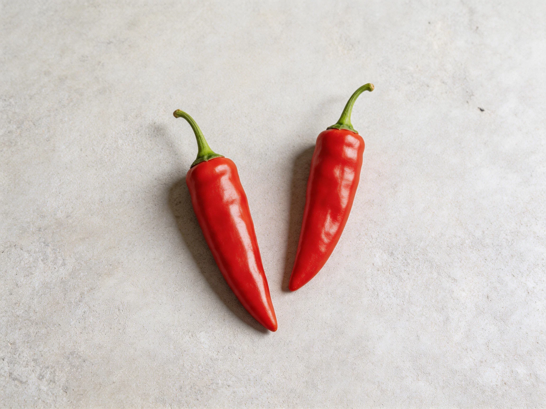 Two bright red chili peppers are arranged side by side on a plain gray surface.