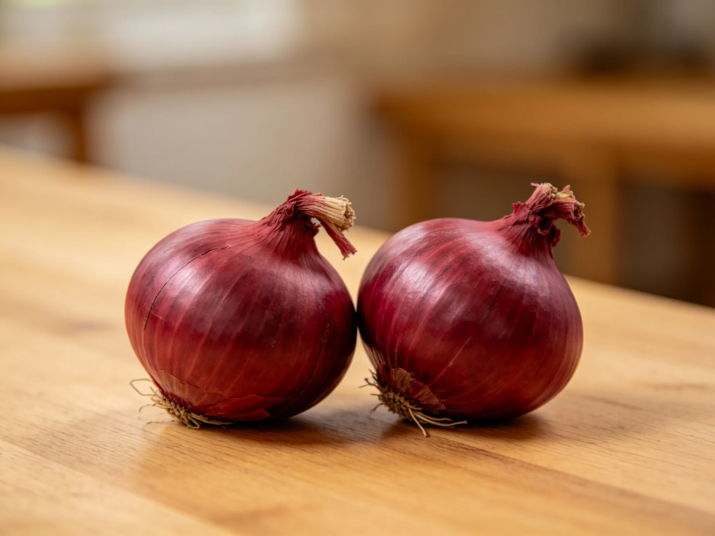Two vibrant red onions rest on a smooth wooden table