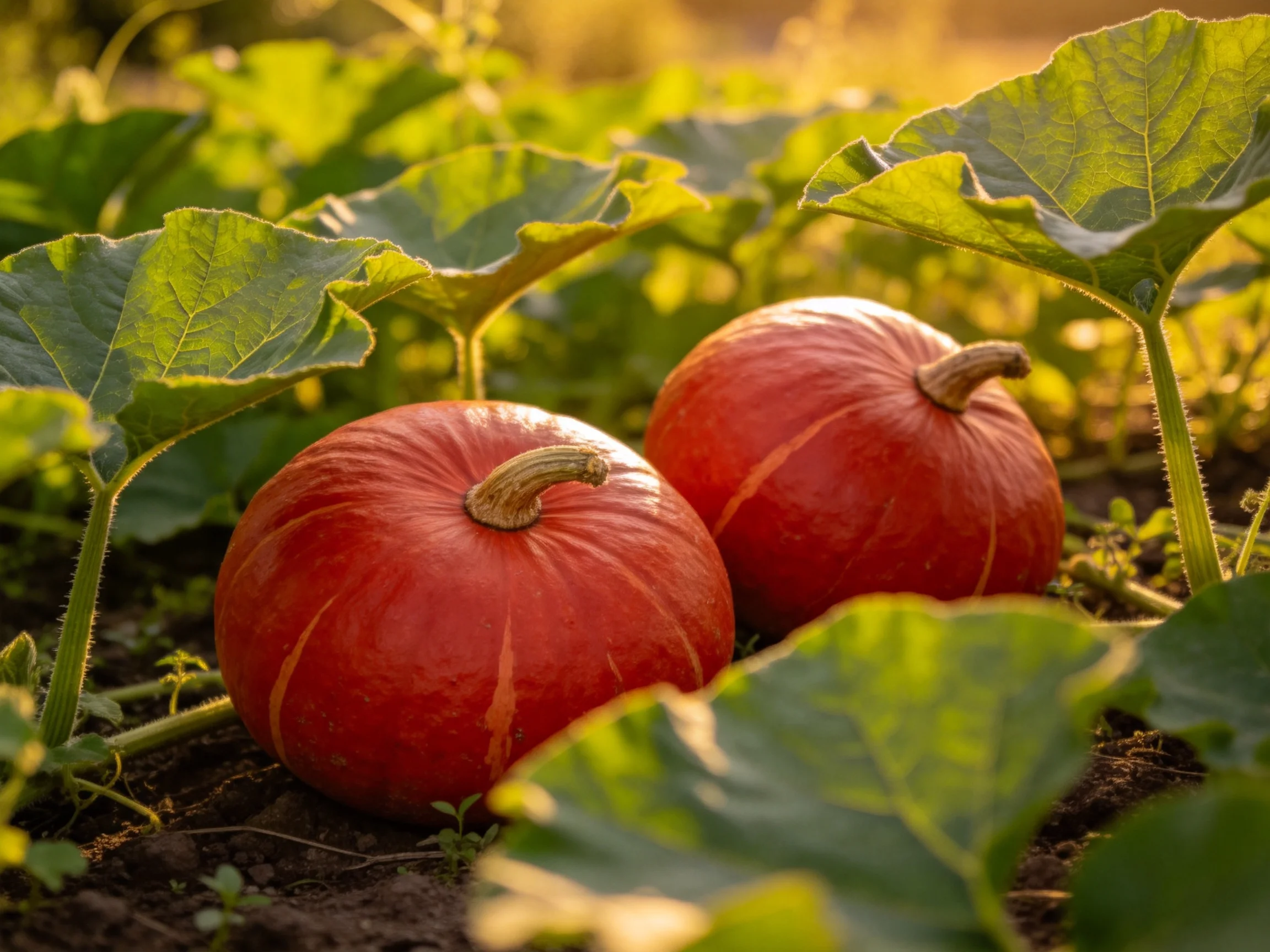 Two vibrant red pumpkins nestled among lush green leaves in a sunlit garden