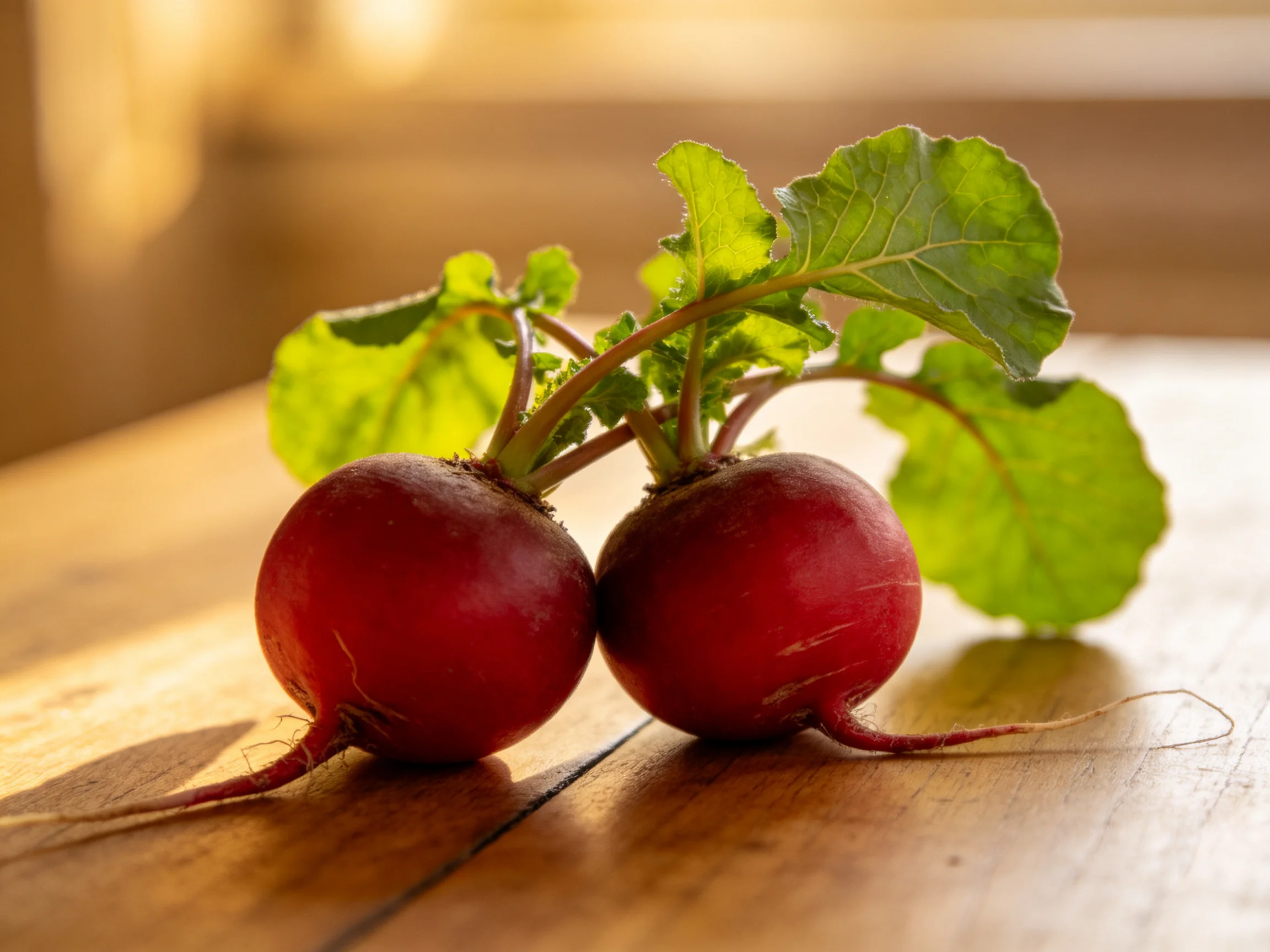 Two vibrant red radishes with fresh green leaves on a wooden surface