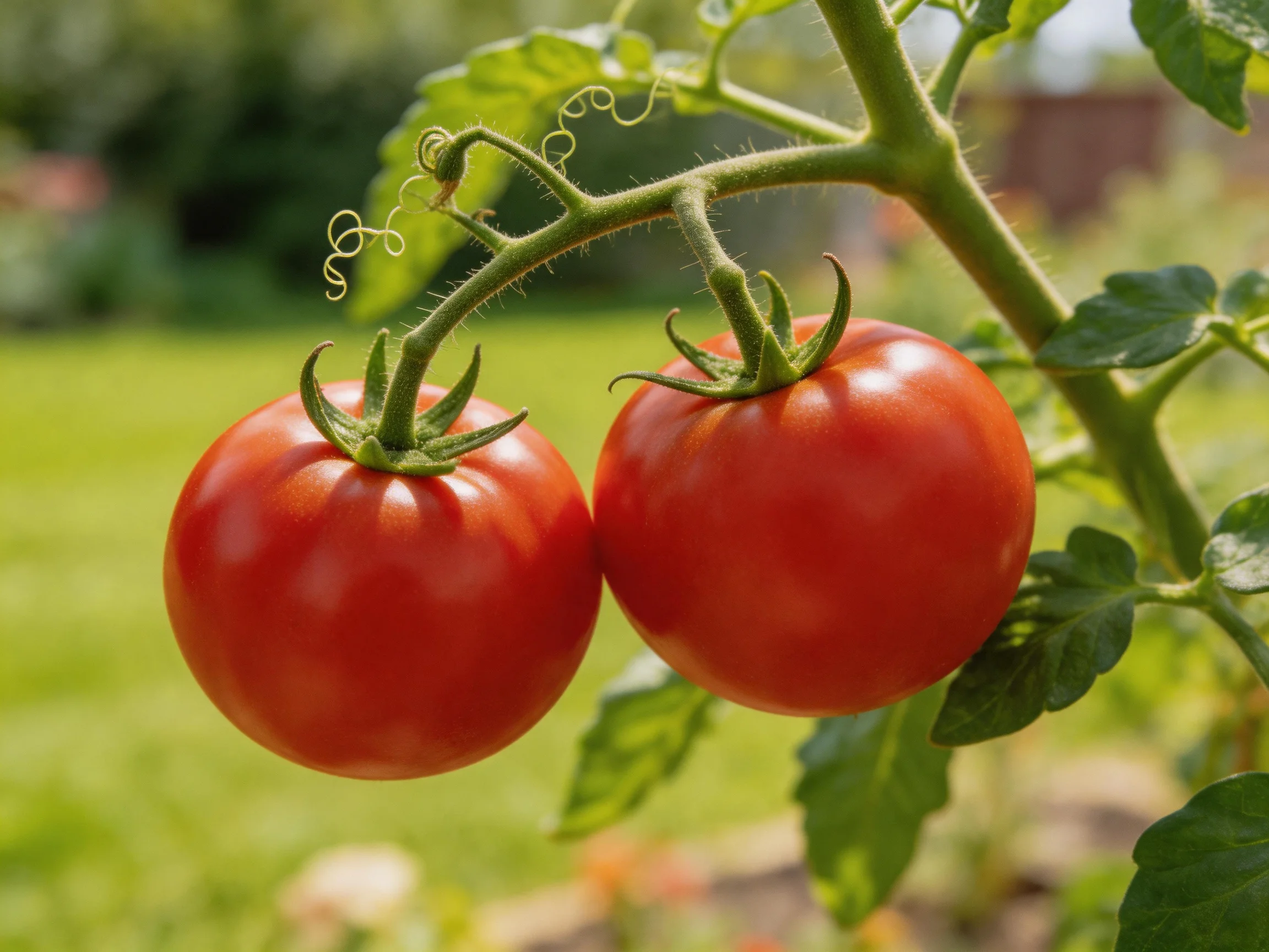 Two vibrant red tomatoes hang from a green vine in a sunny garden
