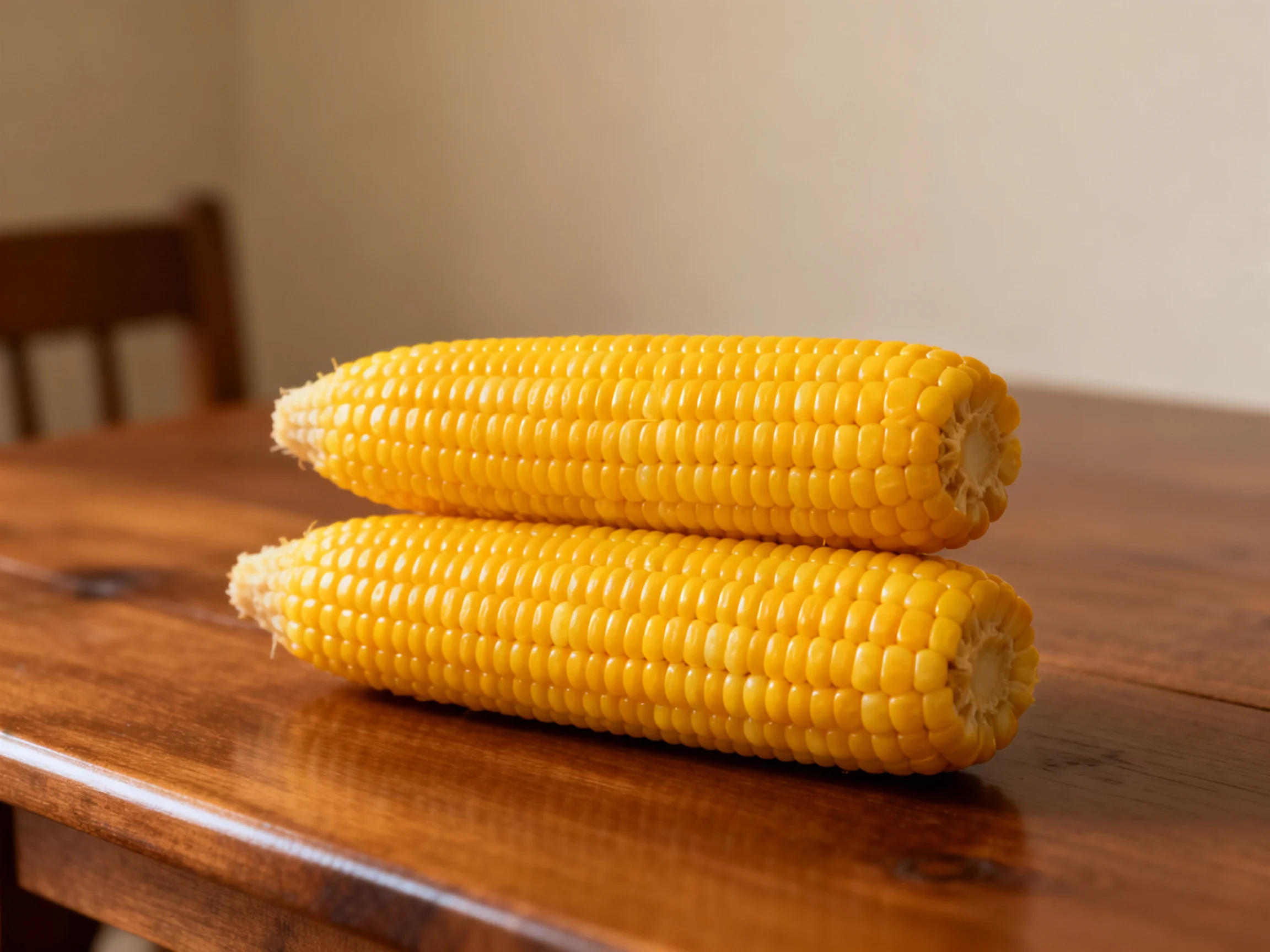 Two vibrant yellow corn cobs stacked on a polished wooden table
