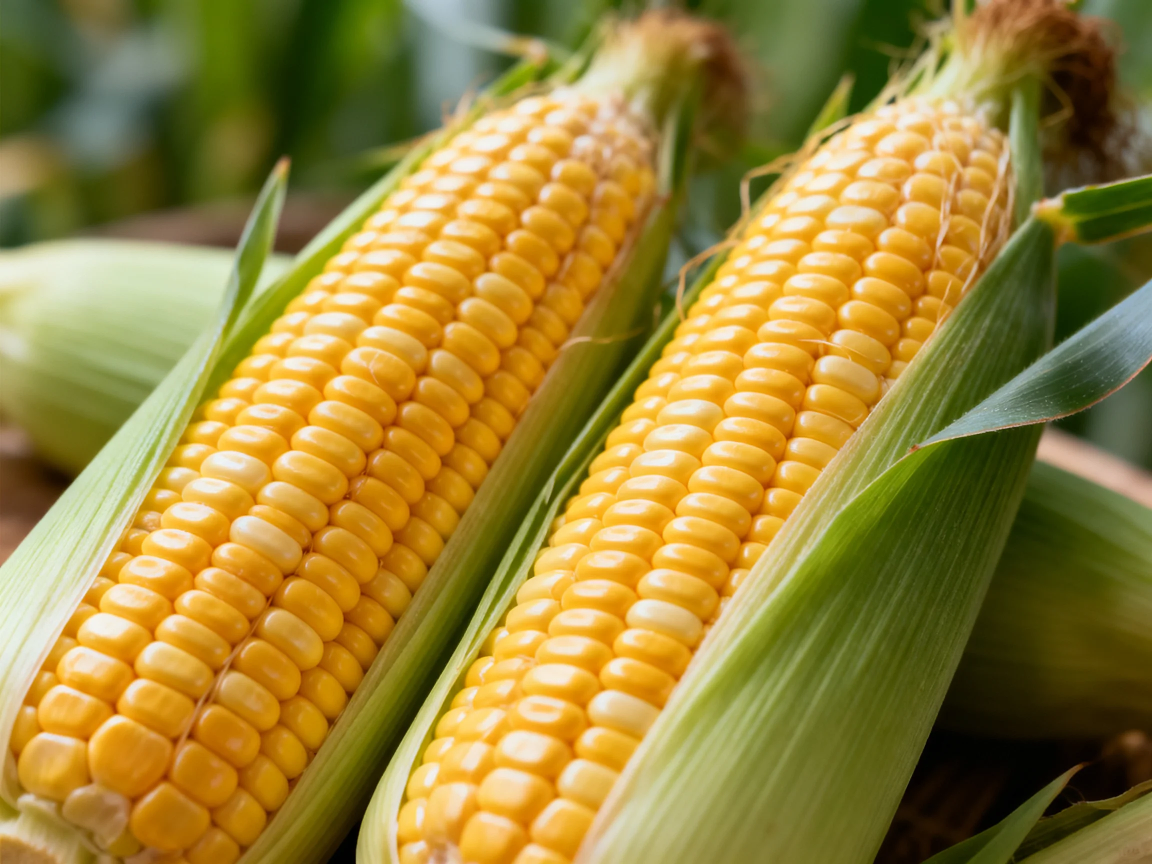 Two vibrant yellow corn cobs with green husks