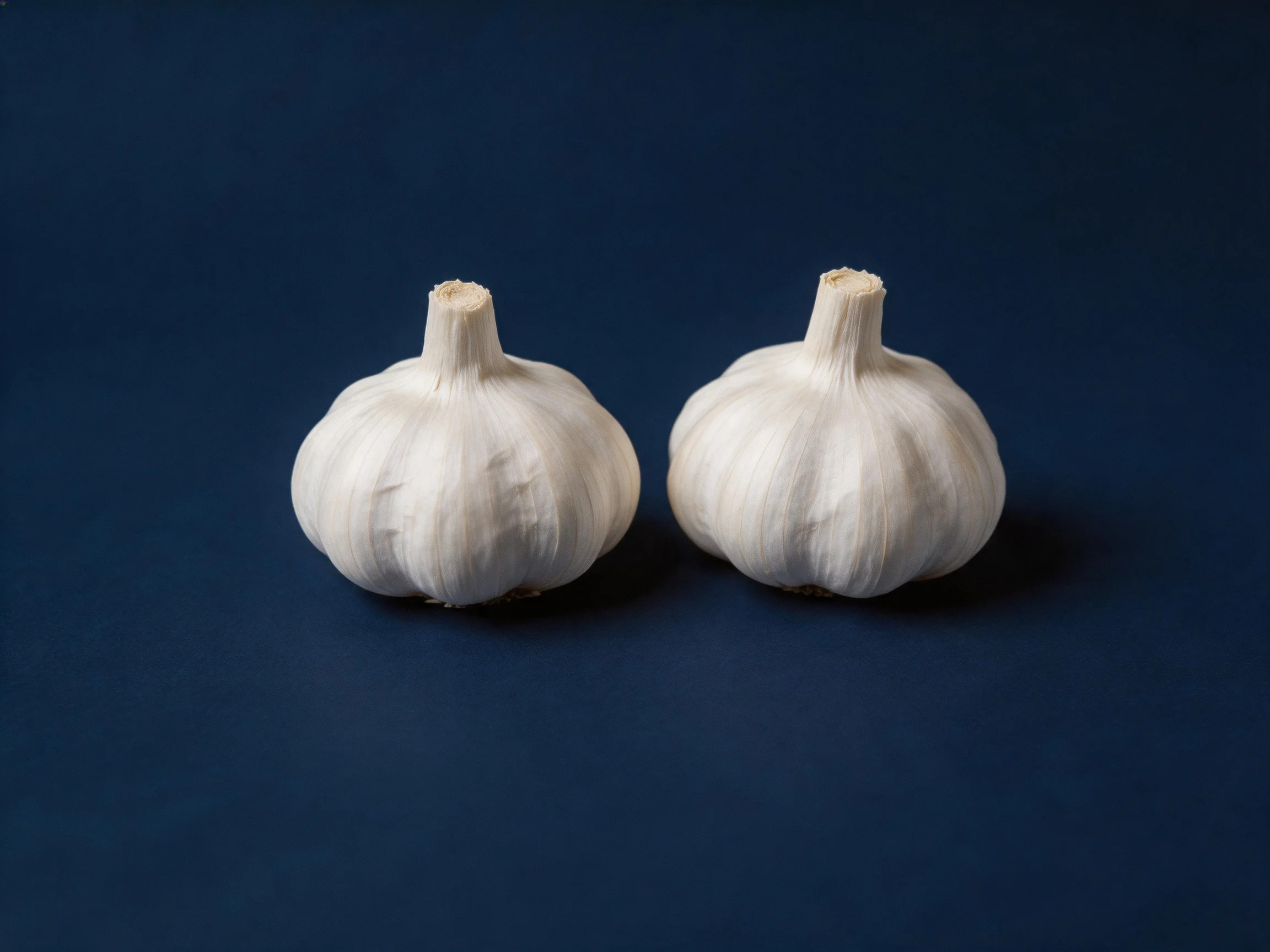 Two white garlic bulbs rest on a deep blue background