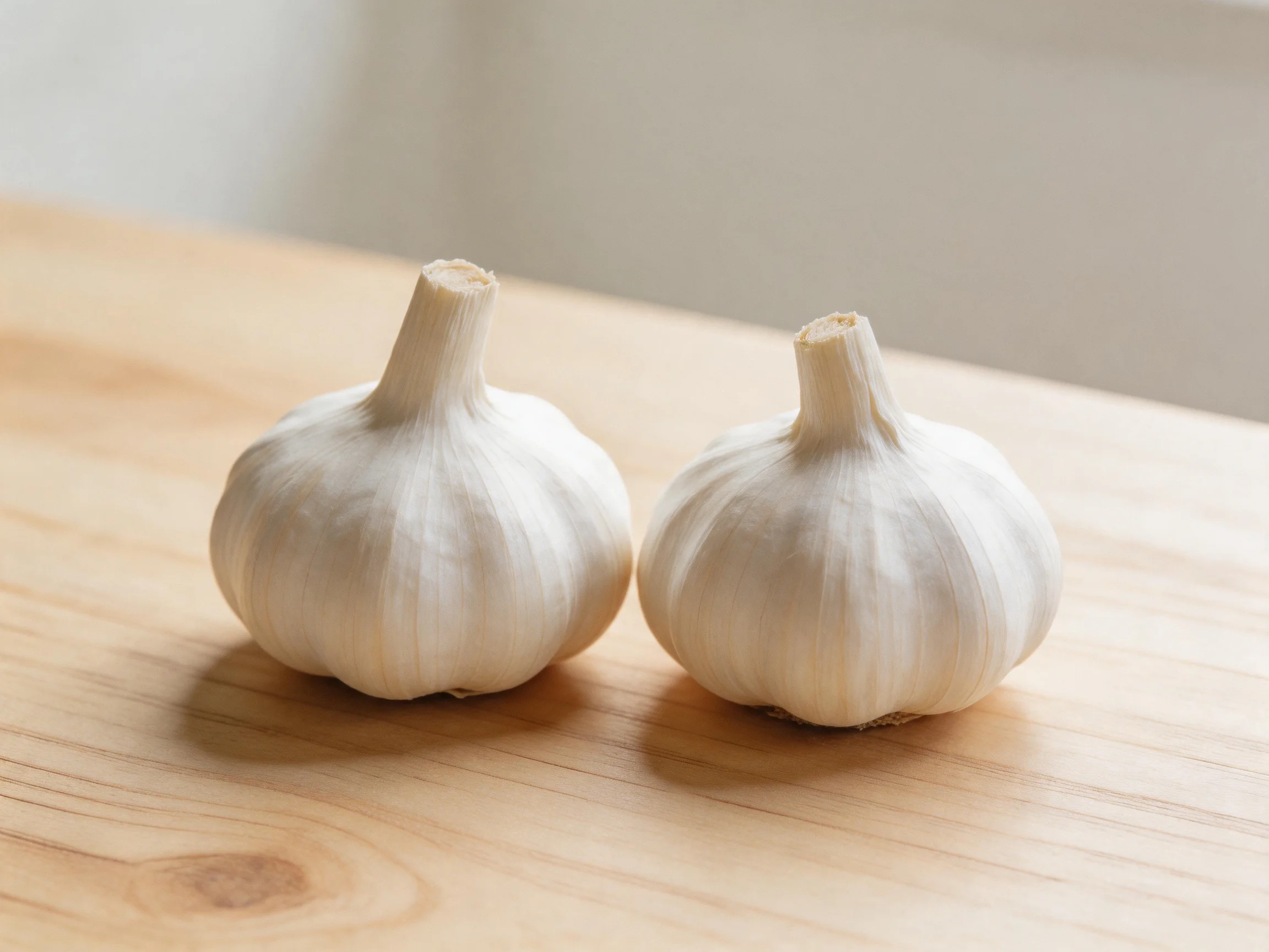 Two white garlic bulbs rest on a light wooden surface