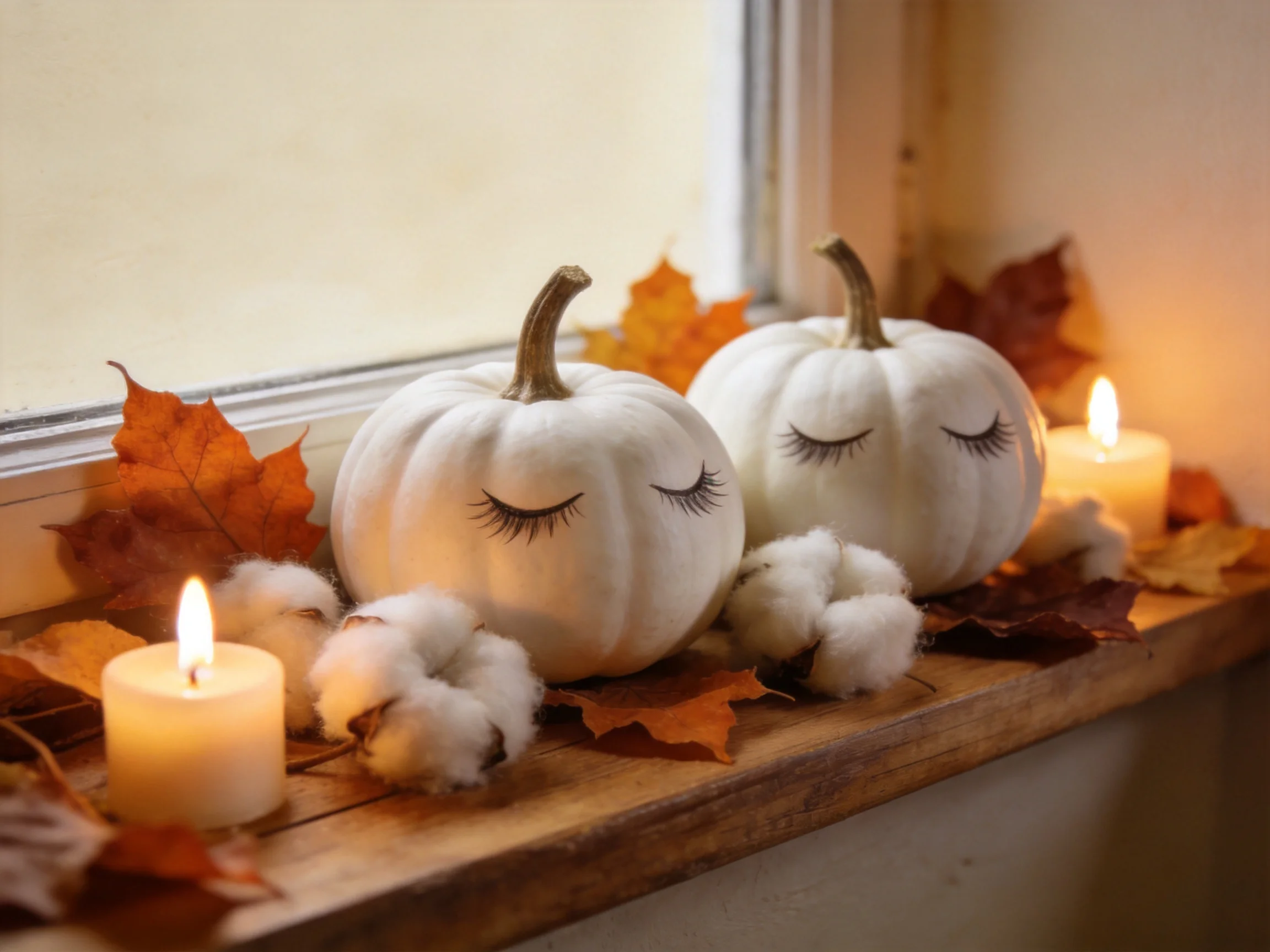 Two white pumpkin decorations with eyelashes sit among autumn leaves, candles, and cotton near a wind