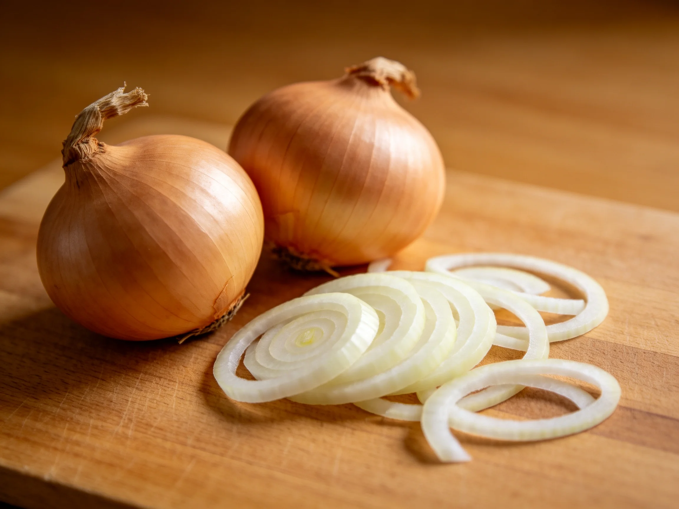 Two whole brown onions and sliced white onion rings on a wooden cutting board