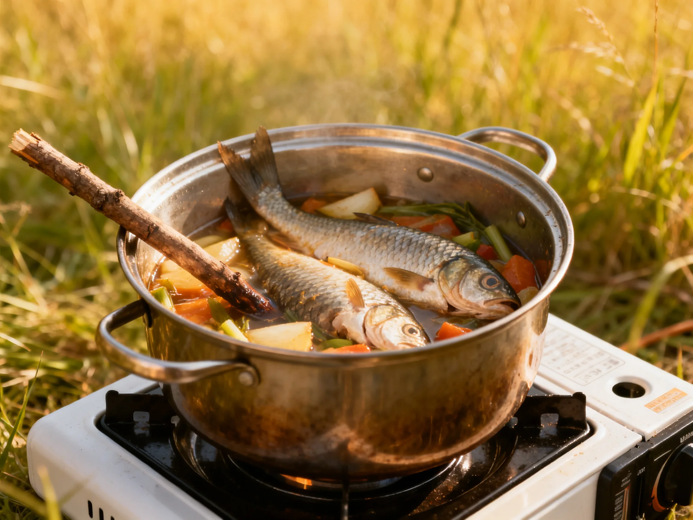 Two whole fish cook with vegetables in a pot on an outdoor portable stove