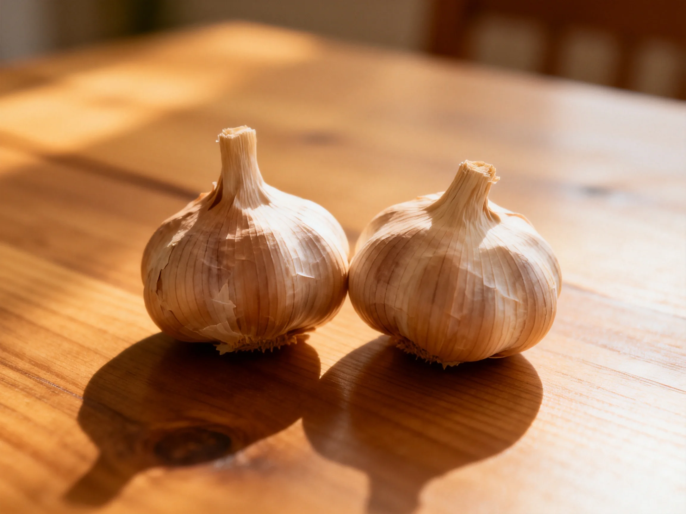 Two whole garlic bulbs rest on a polished wooden surface