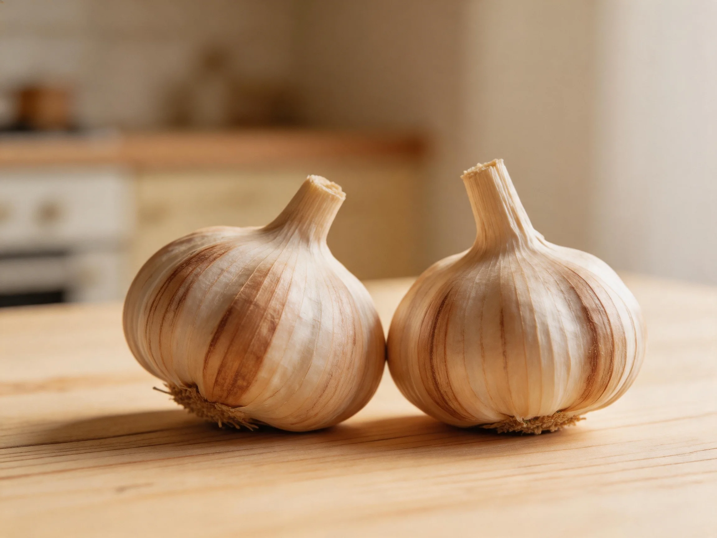 Two whole garlic bulbs with brown and white skins rest on a wooden surface.