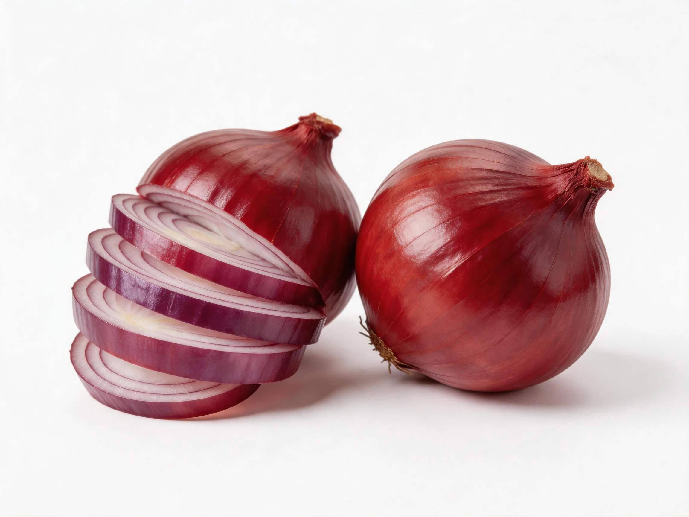 Two whole red onions with sliced red onion rings displayed