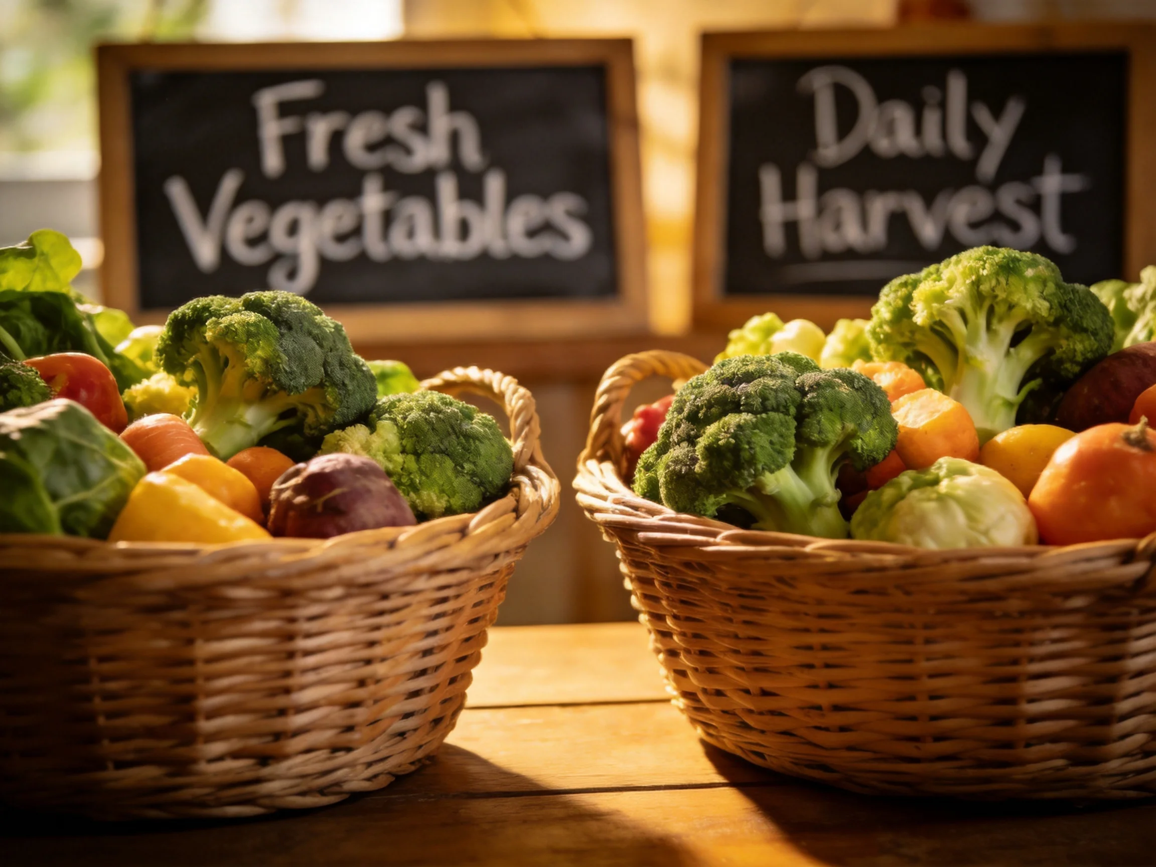 Two wicker baskets overflow with vibrant fresh vegetables near promotional chalk signs