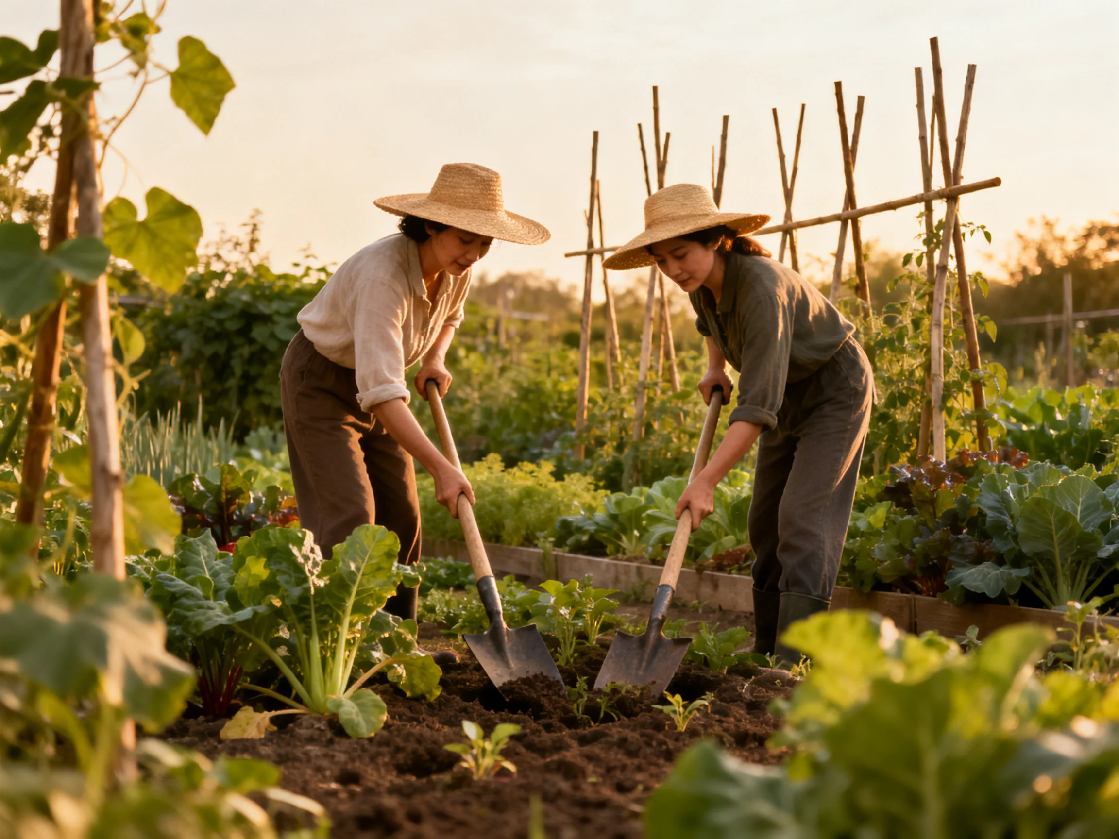 Two women gardening with shovels in a sunlit vegetable plot