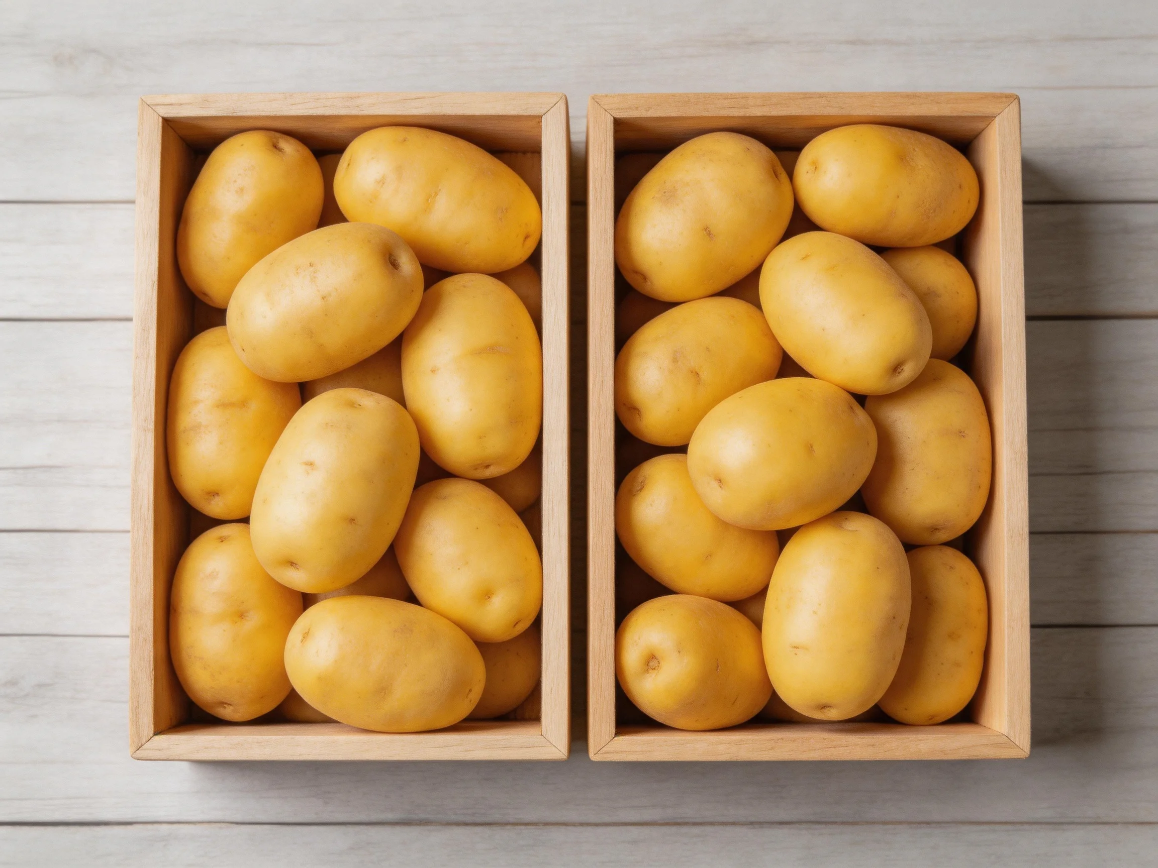 Two wooden boxes filled with golden-yellow potatoes