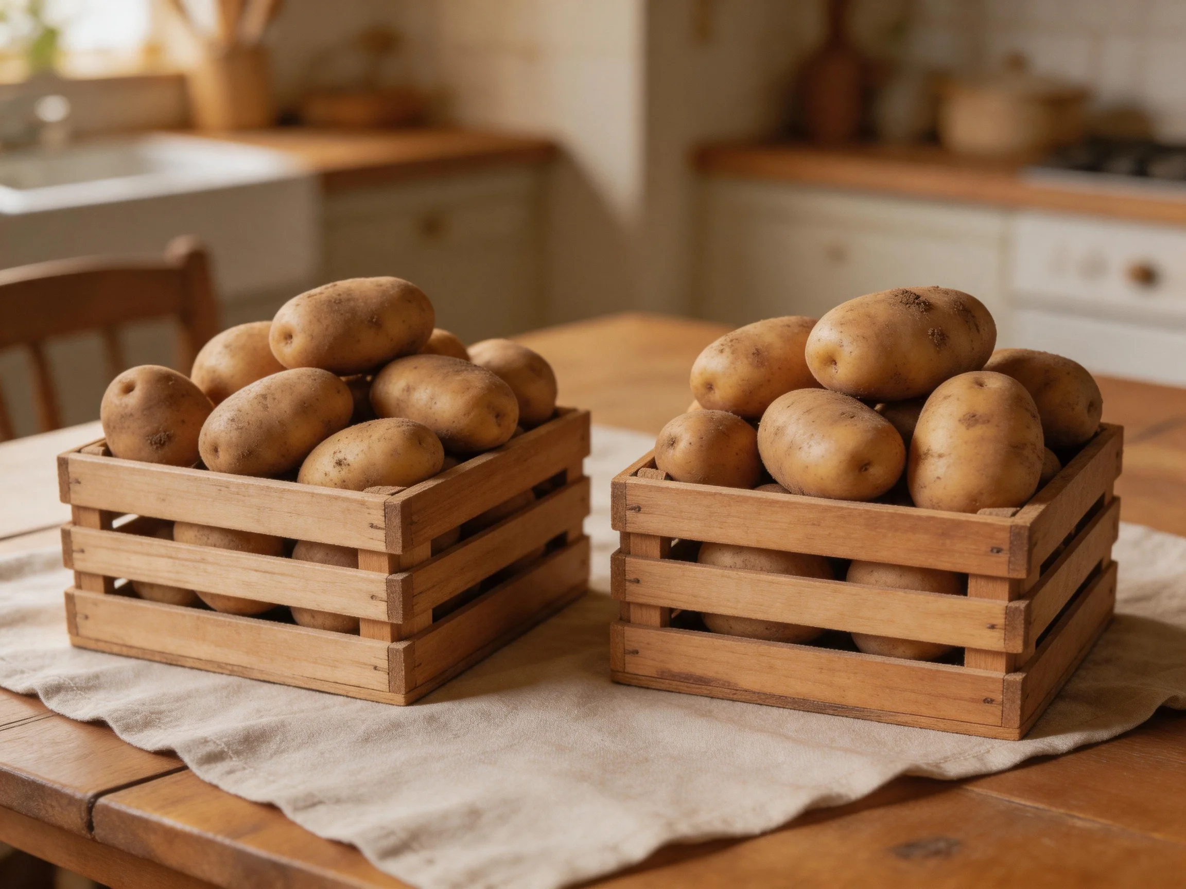 Two wooden crates hold earth-toned potatoes on a rustic table