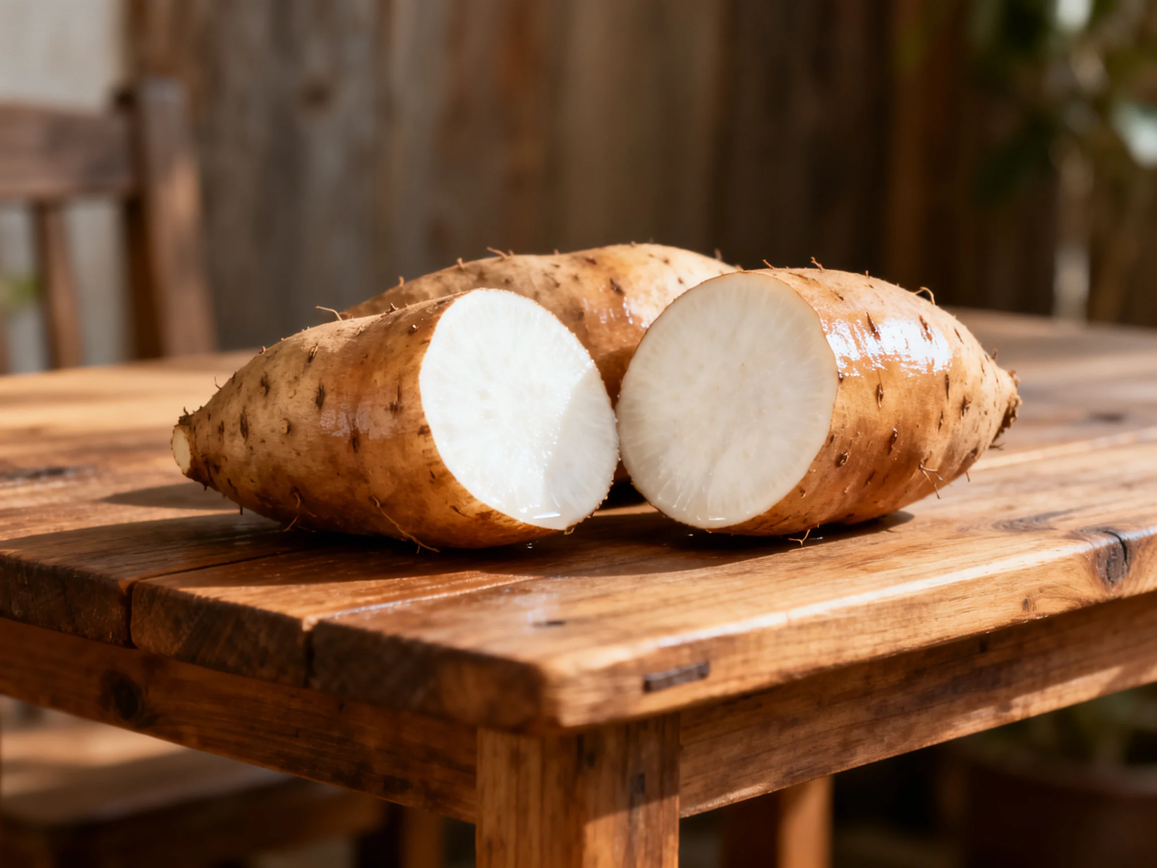 Two yams, one halved, display white interiors on a wooden table