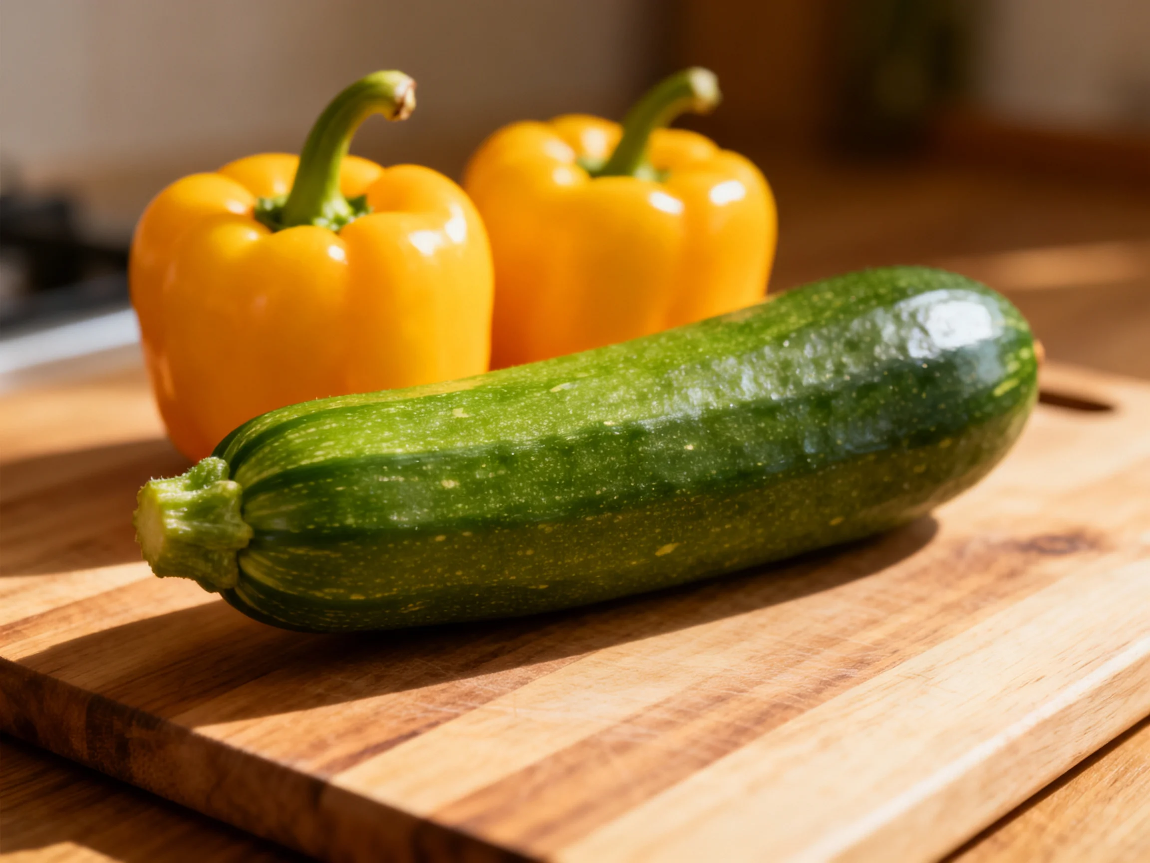 Two yellow bell peppers and a green zucchini on a wooden cutting board