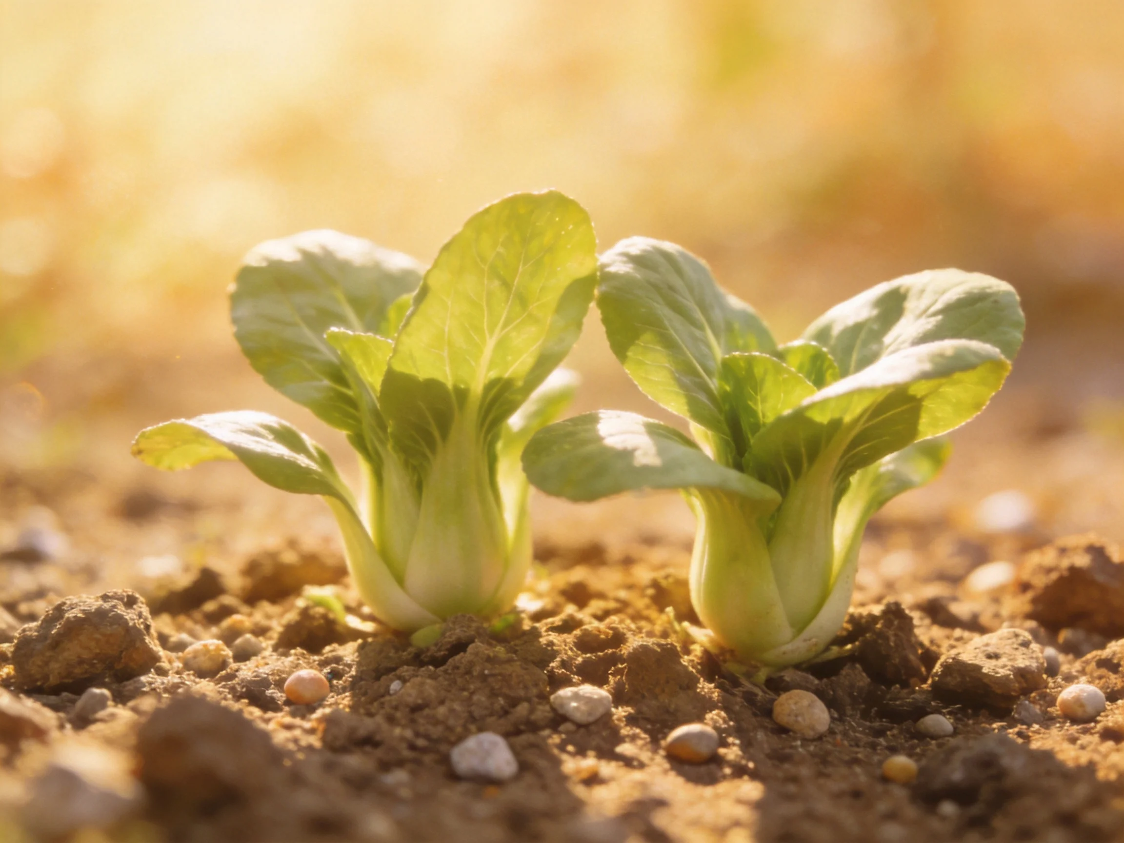 Two young leafy green plants growing in sunlit soil with small pebbles