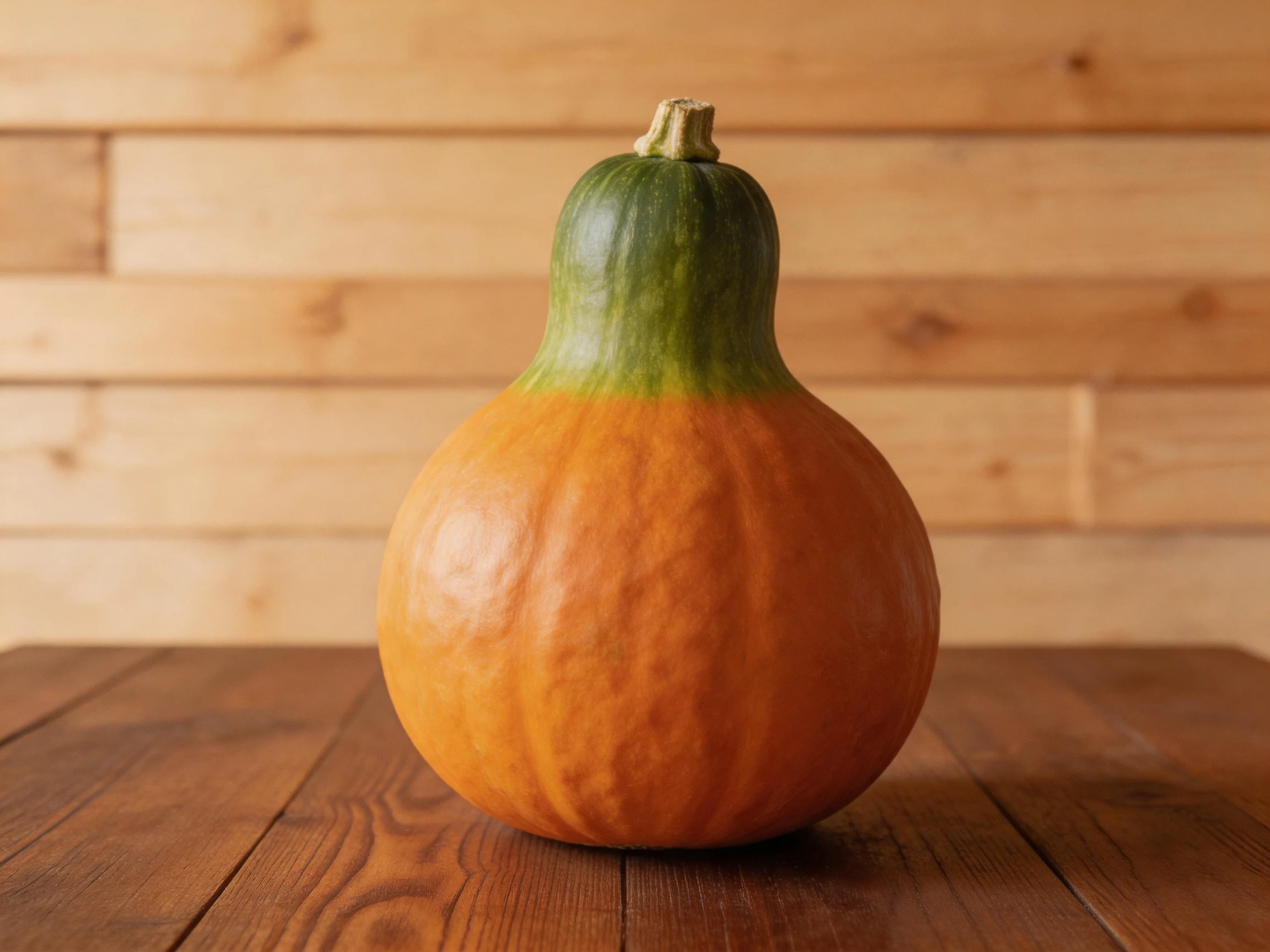 Uniquely shaped orange-green gourd rests on wooden table