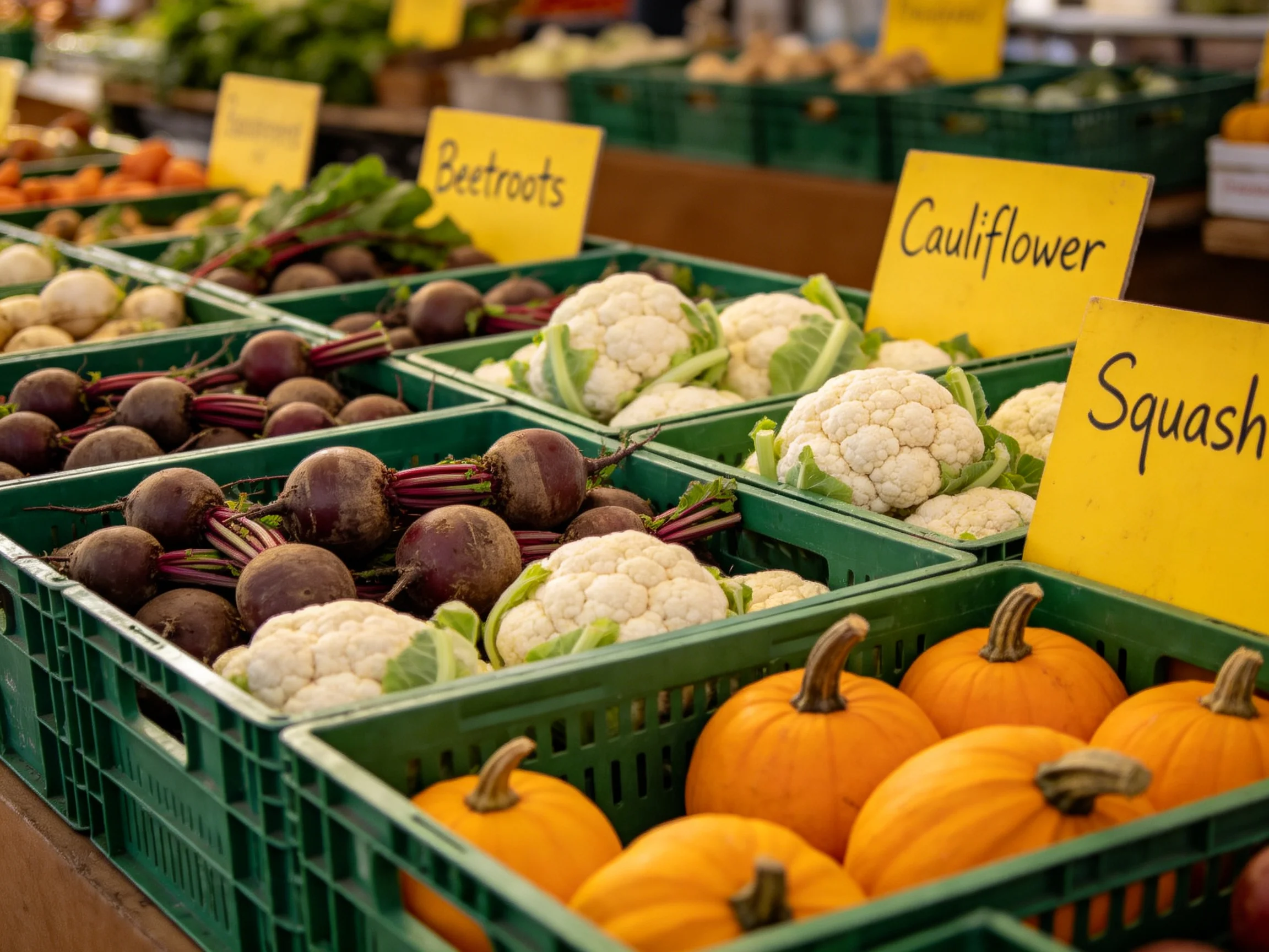 Various Fresh Vegetables in Green Crates Labeled for Sale