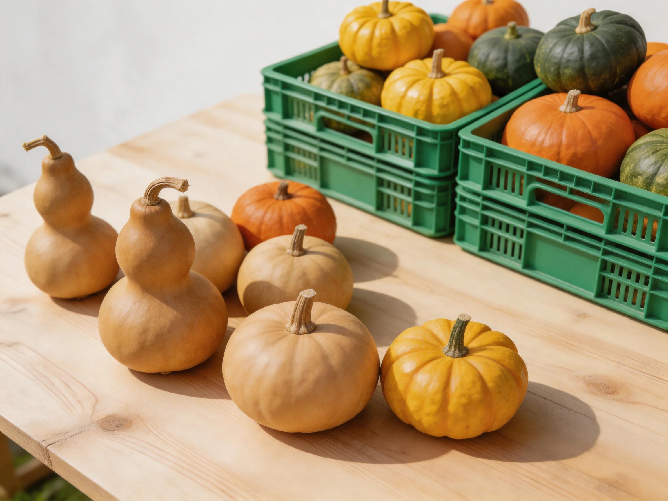 Various colored gourds and mini pumpkins displayed on wood and in crates