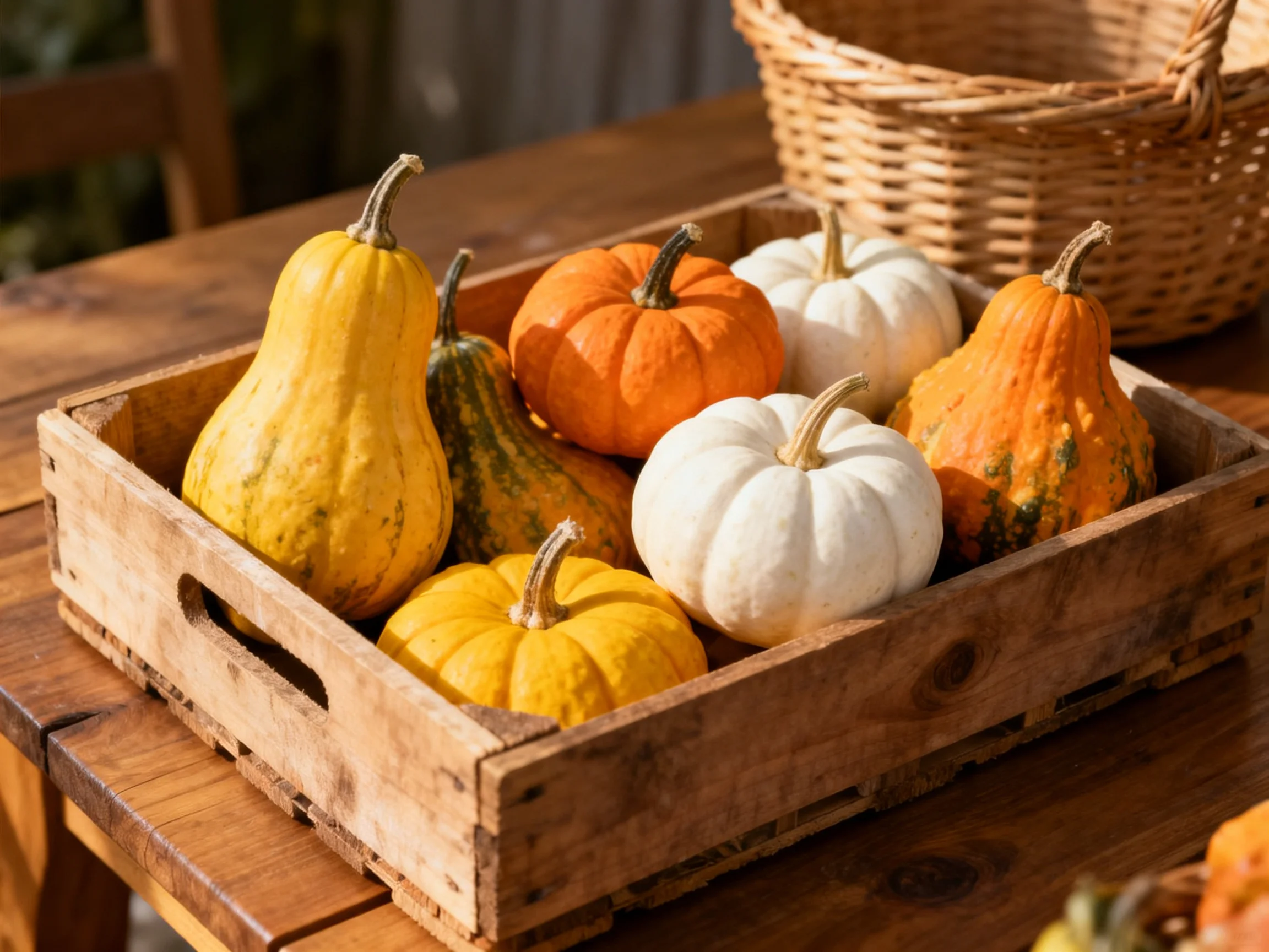 Various colored gourds displayed in a rustic wooden tray