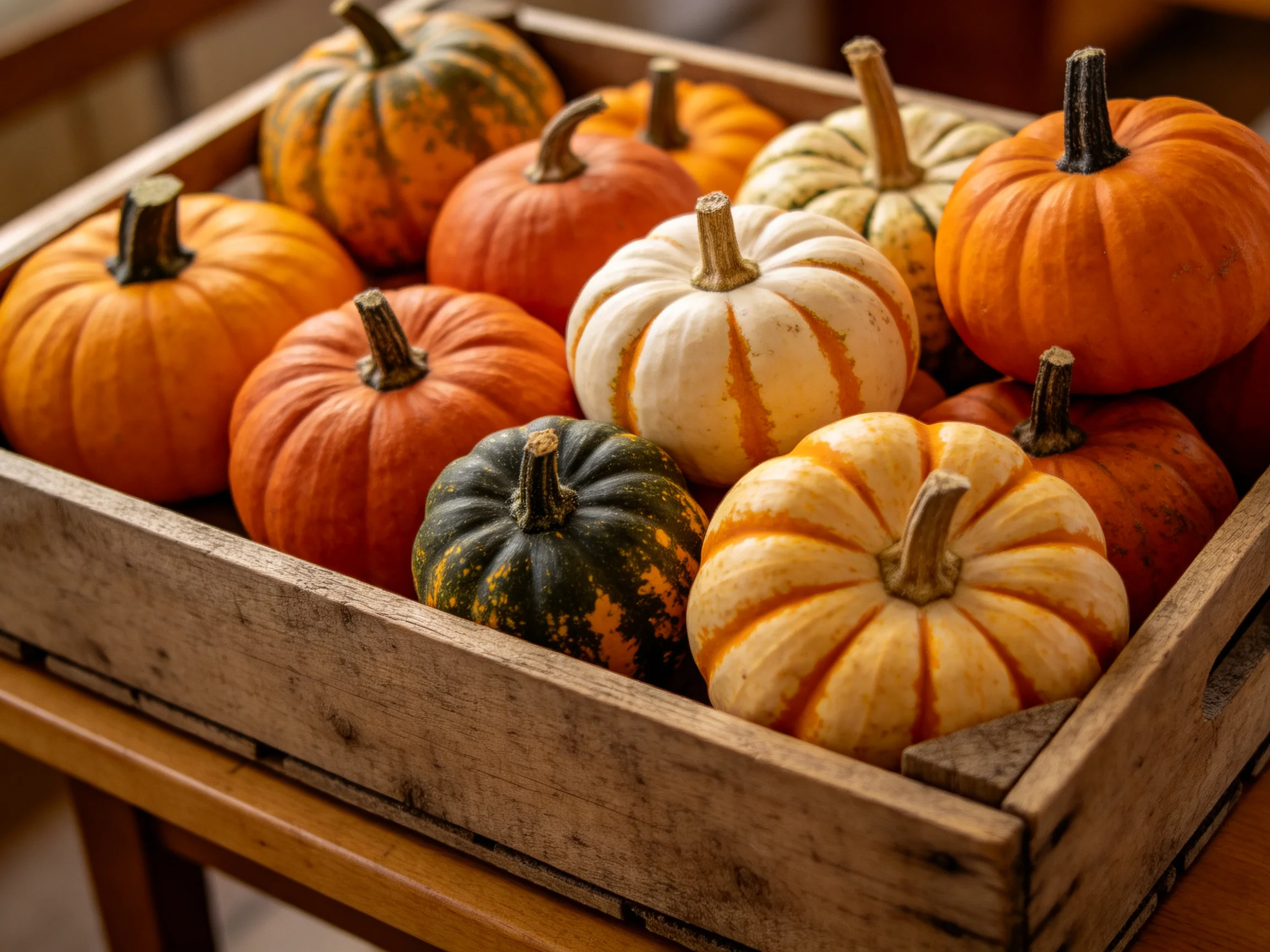 Various colored mini pumpkins arranged in rustic wooden crate