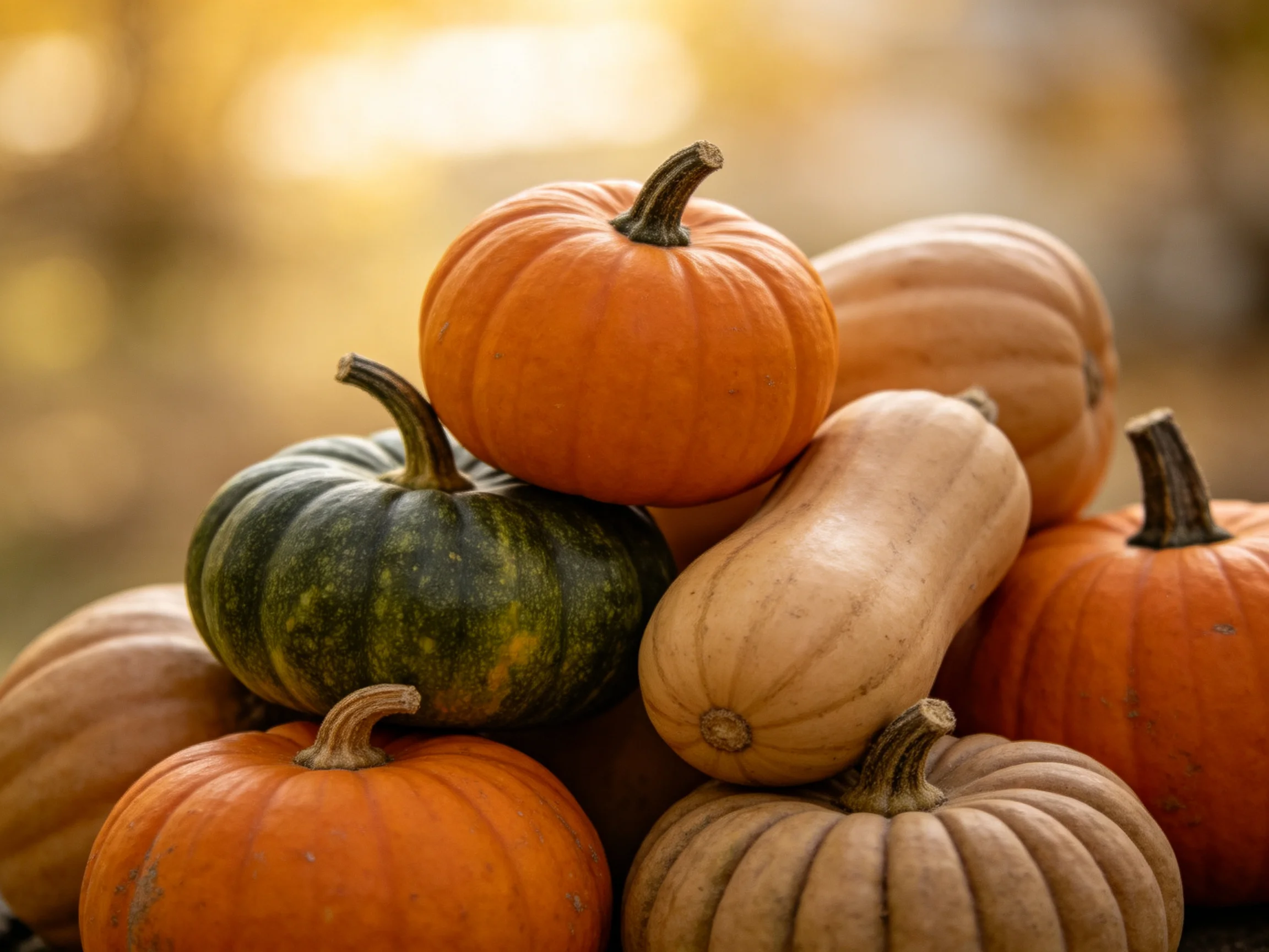 Various colored pumpkins and squashes stacked together in an autumnal setting