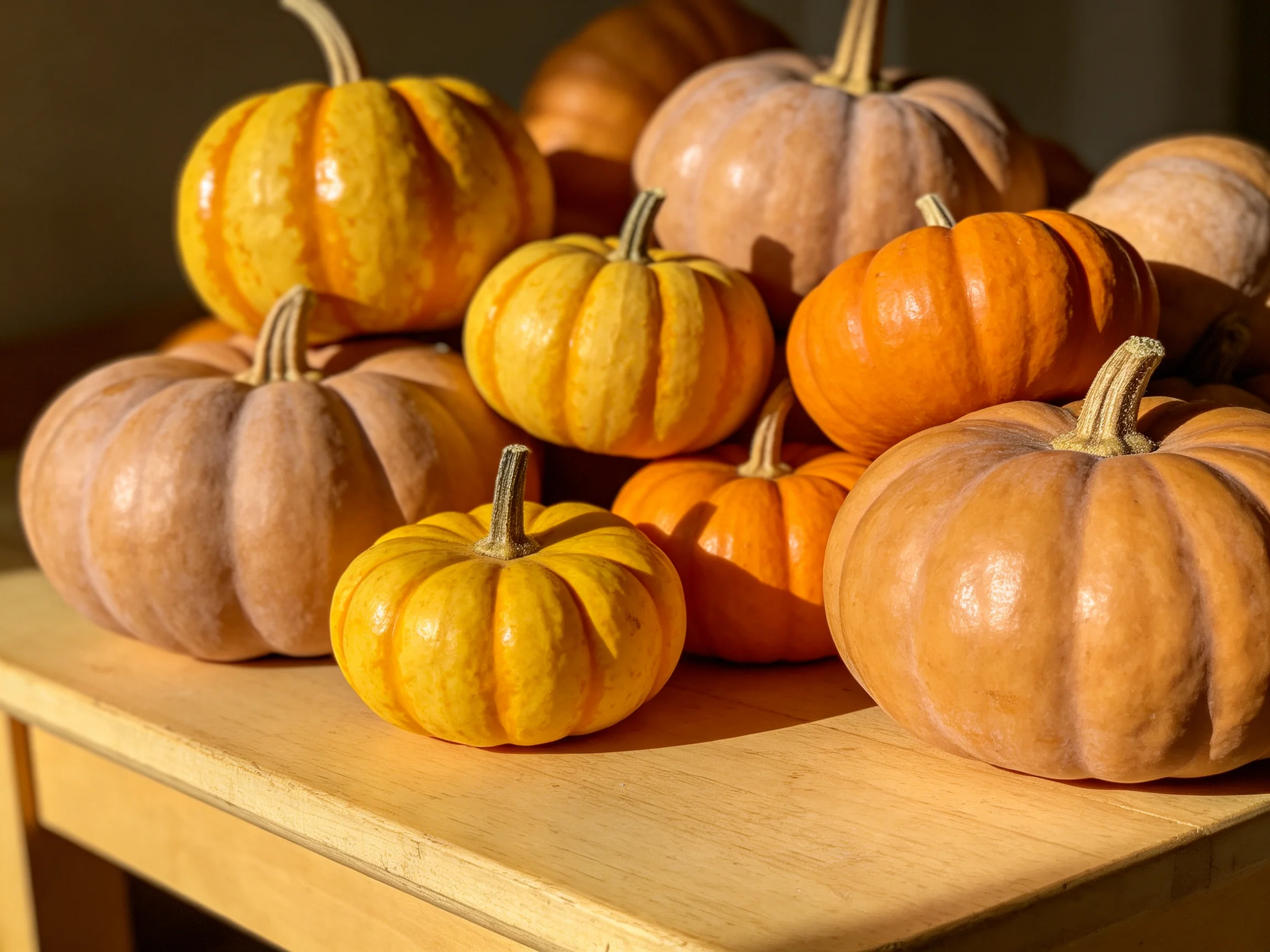 Various colored small pumpkins arranged on a wooden table