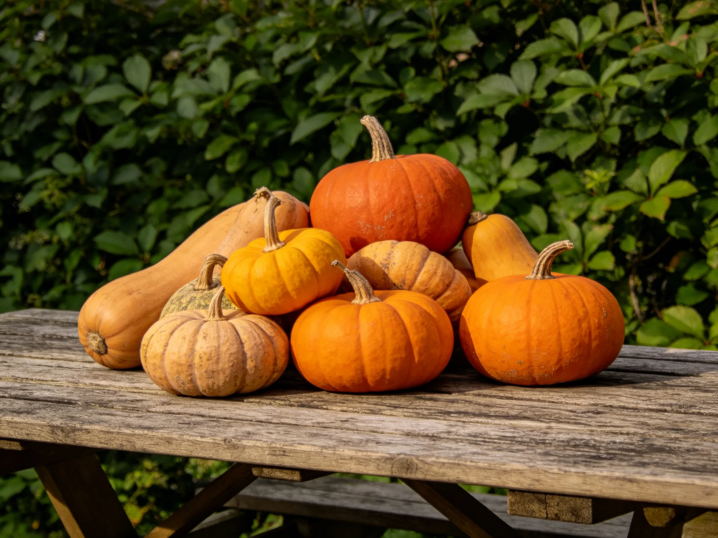 Various colored squashes and pumpkins arranged on a weathered outdoor table