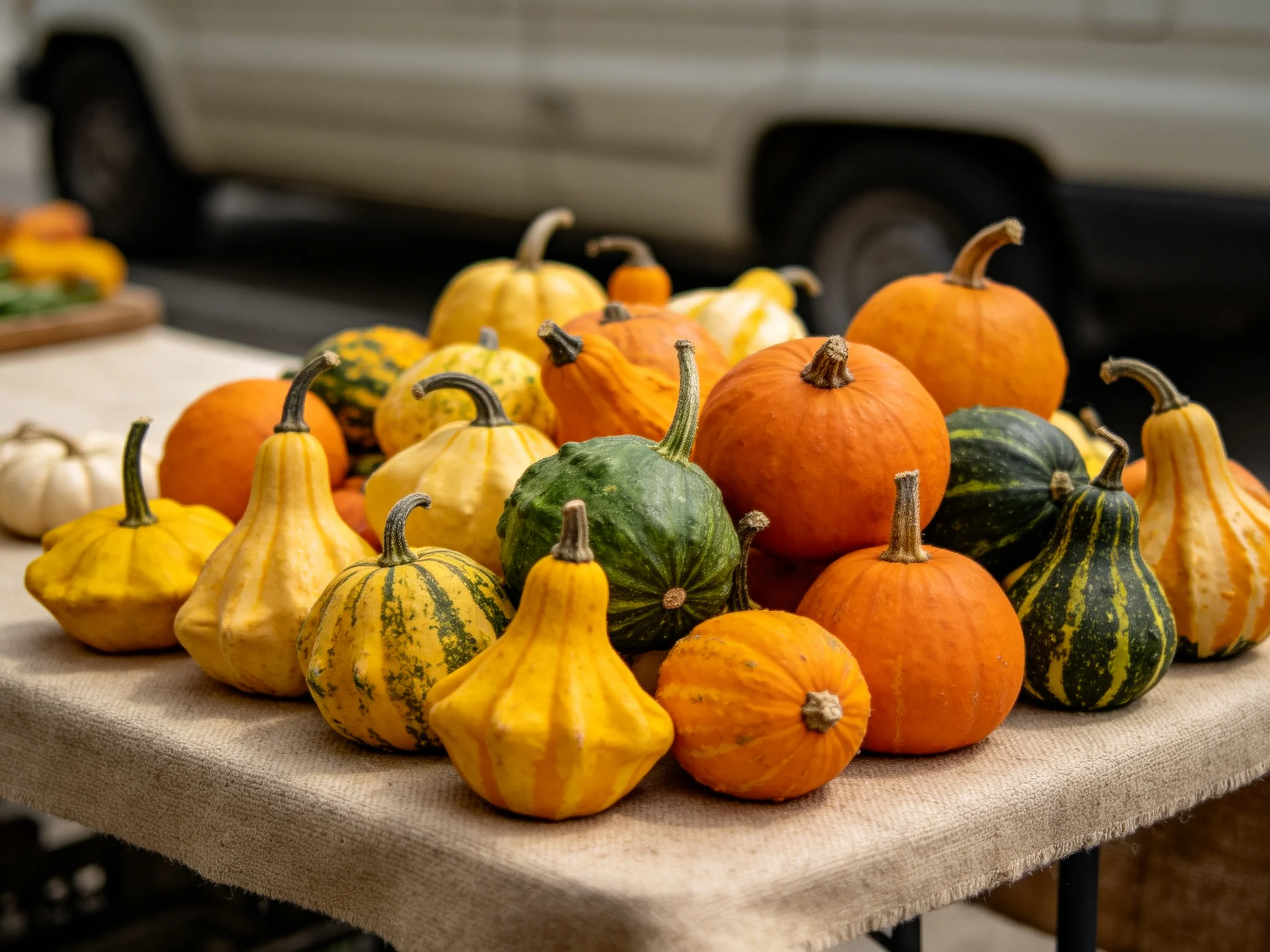 Various colored squashes and pumpkins displayed on a market table