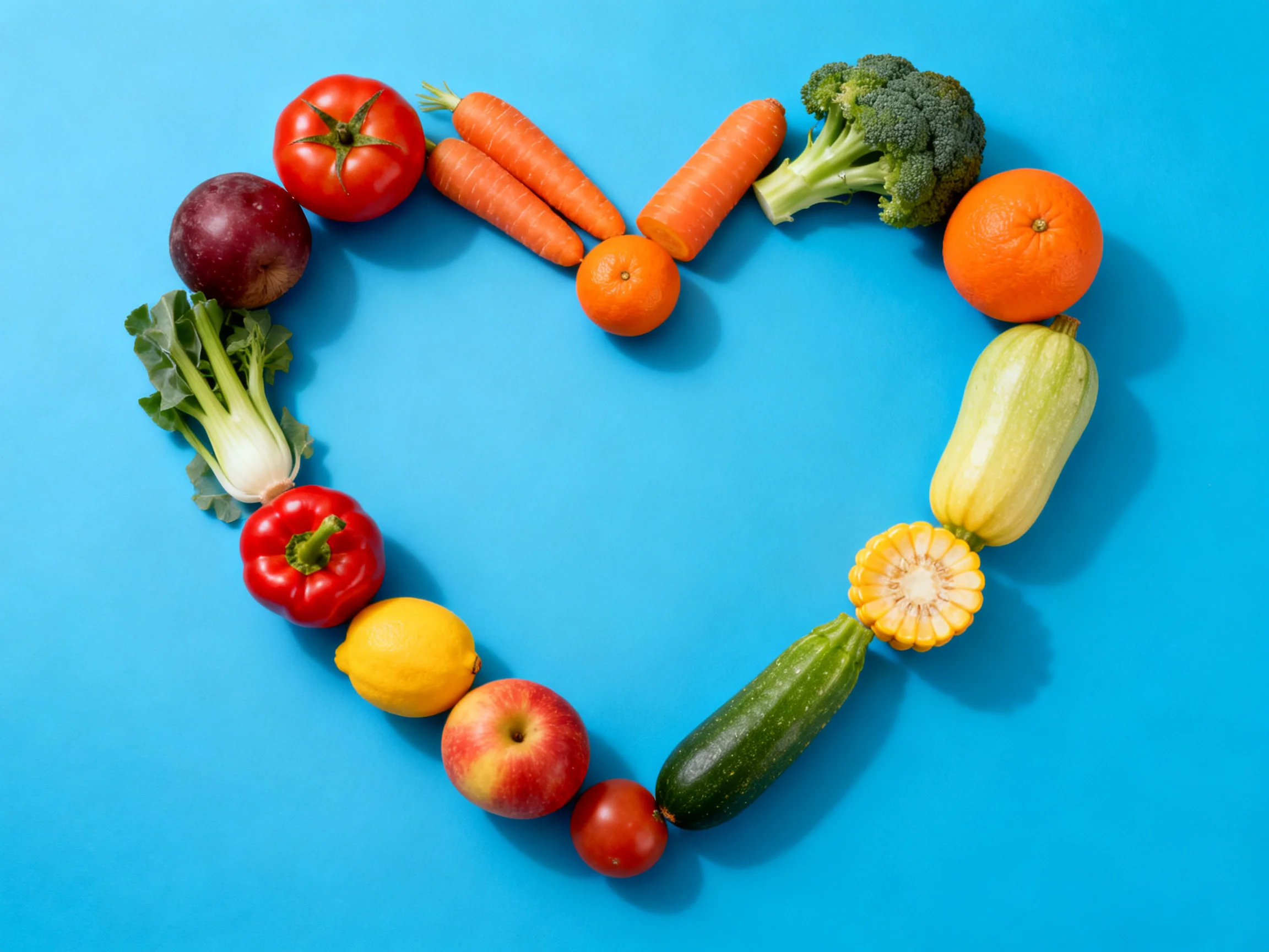 Various colorful fruits and vegetables arranged in heart shape on blue surface