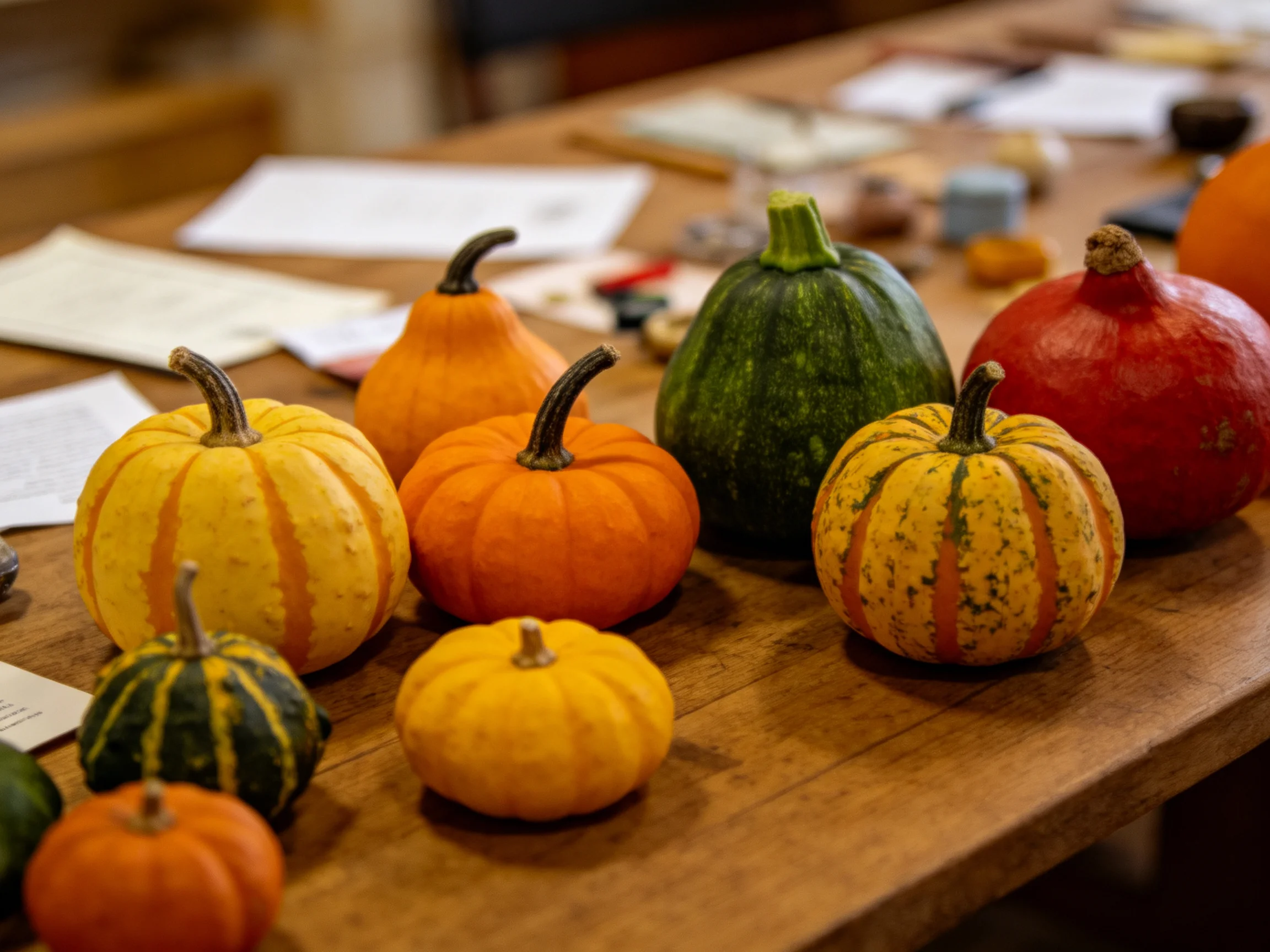 Various colorful mini pumpkins and gourds arranged on a wooden table