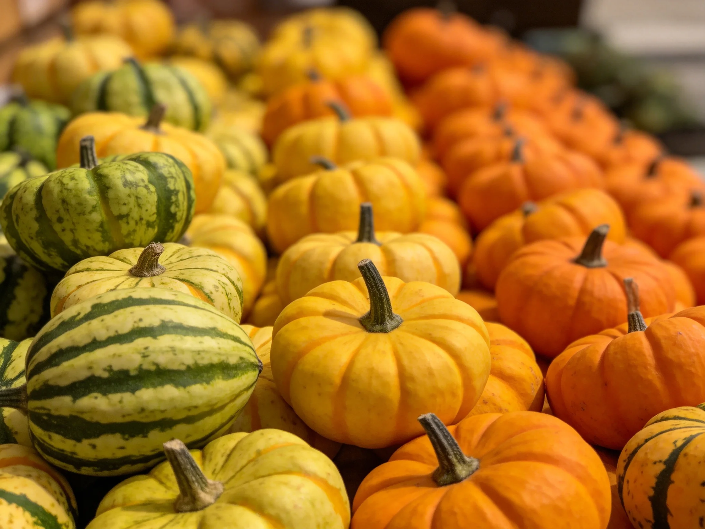 Various colorful mini pumpkins and striped gourds arranged in neat rows