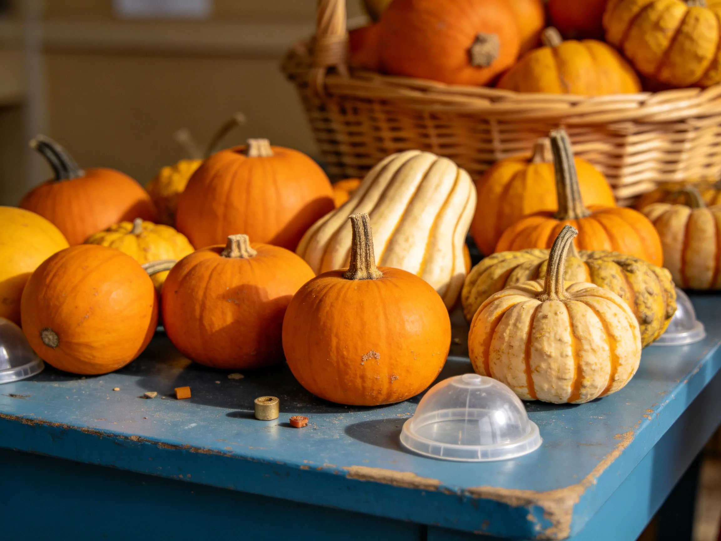 Various colorful pumpkins and gourds arranged on a weathered blue table