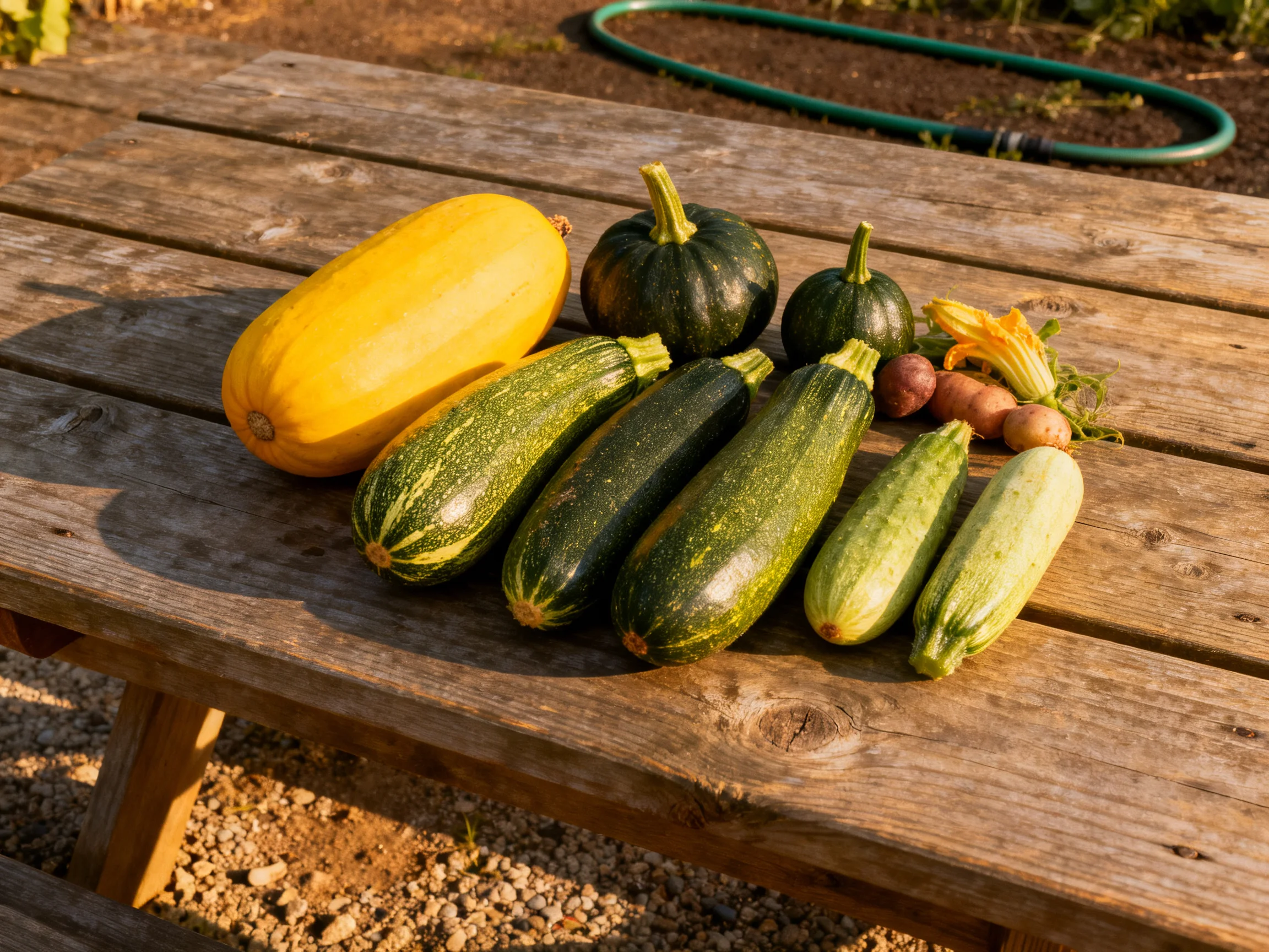 Various colorful squashes and vegetables displayed on an outdoor wooden table