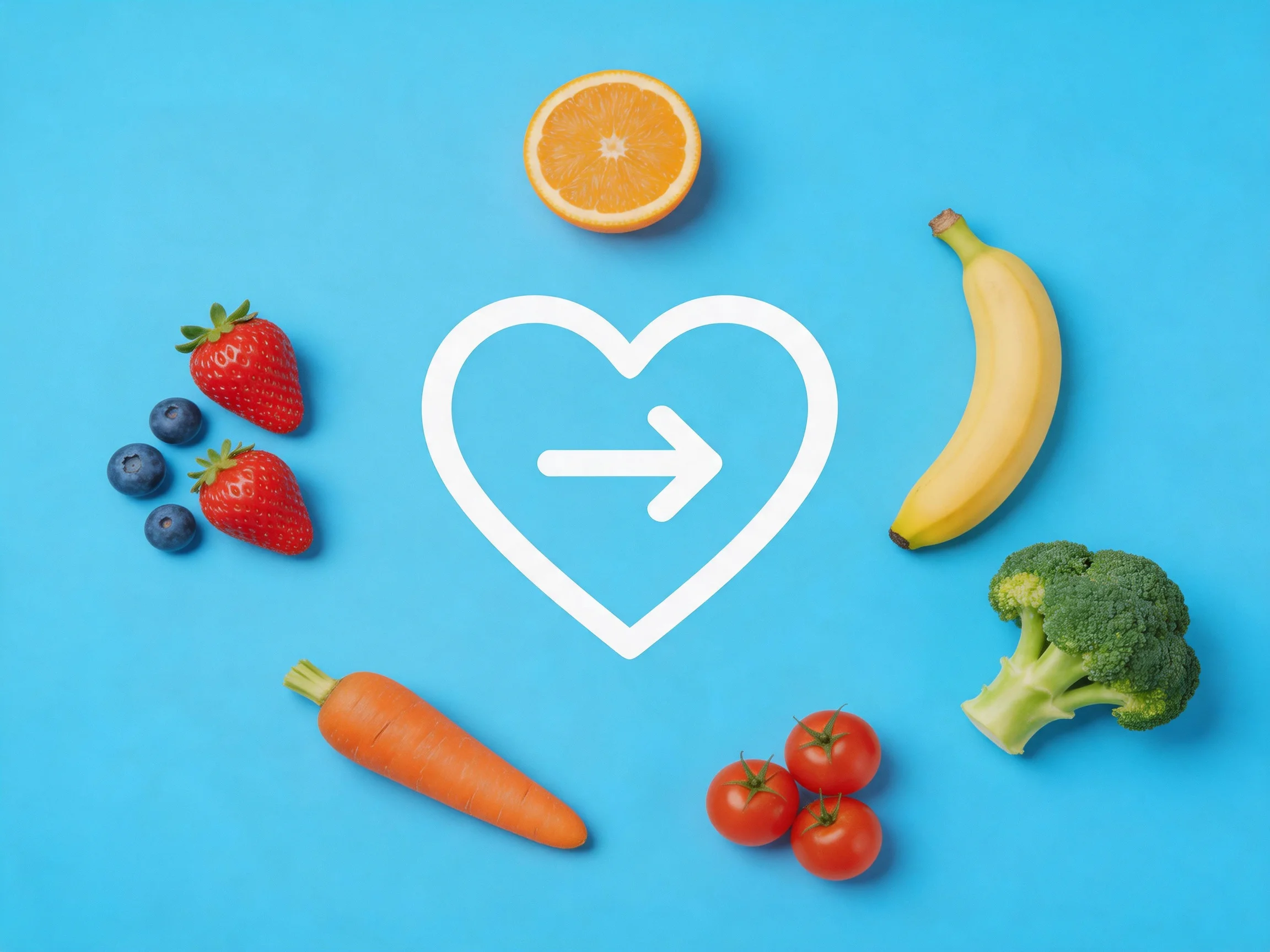 Various fresh fruits and vegetables arranged around a heart icon on a bright blue background